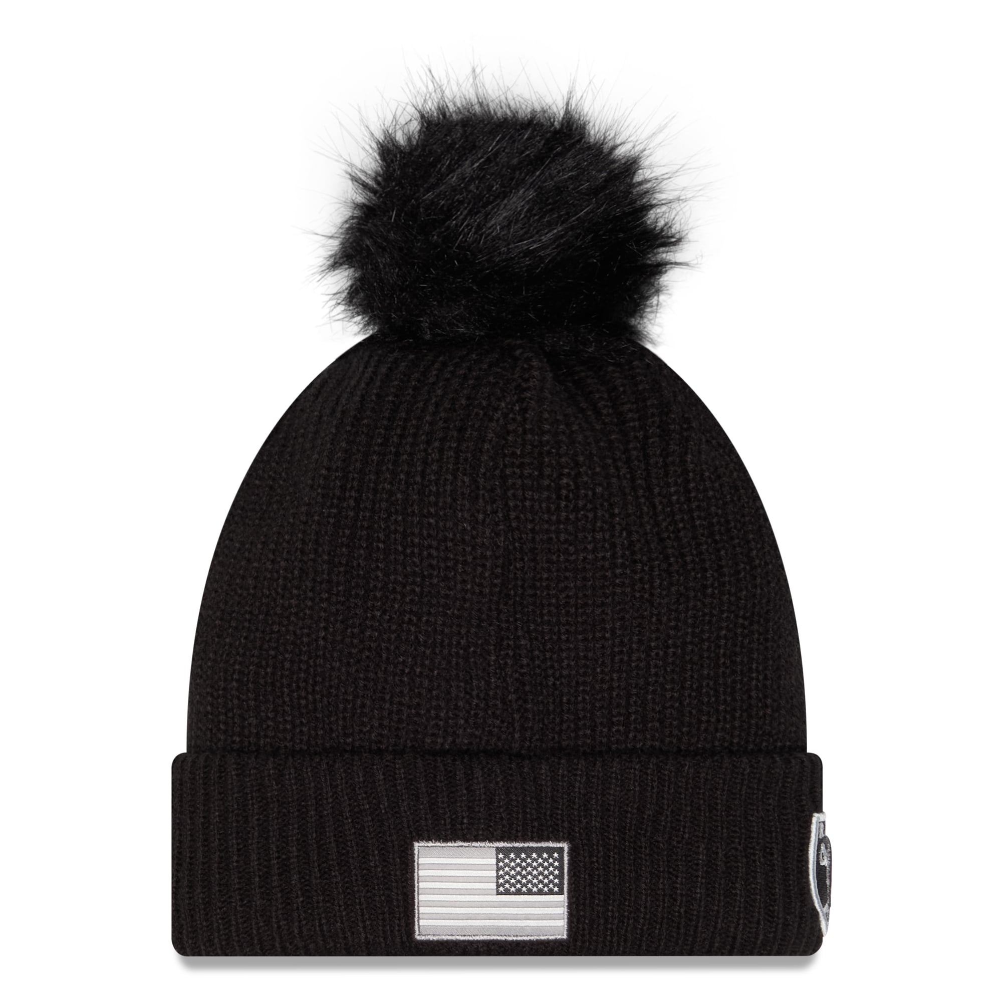 Bonnet à revers New Era noir pour femme, Las Vegas Raiders 2026 Salute To Service, avec pompon