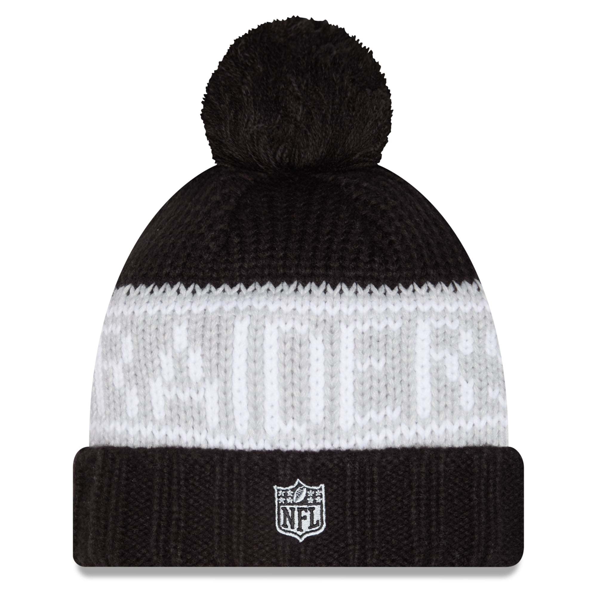 Bonnet d'hiver à revers New Era noir pour femme, modèle Las Vegas Raiders 2026, avec pompon.