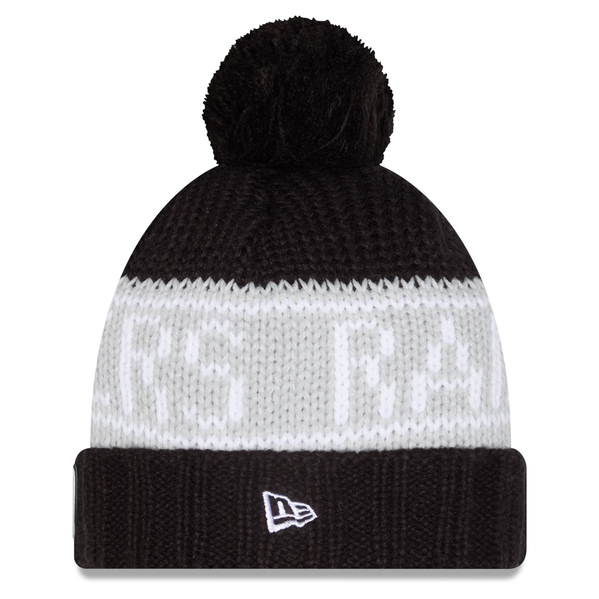 Bonnet d'hiver à revers New Era noir pour femme, modèle Las Vegas Raiders 2026, avec pompon.