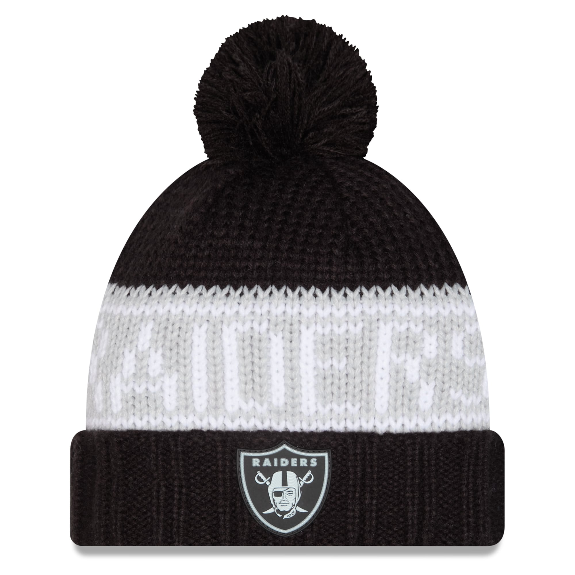 Bonnet d'hiver à revers New Era noir pour femme, modèle Las Vegas Raiders 2026, avec pompon.