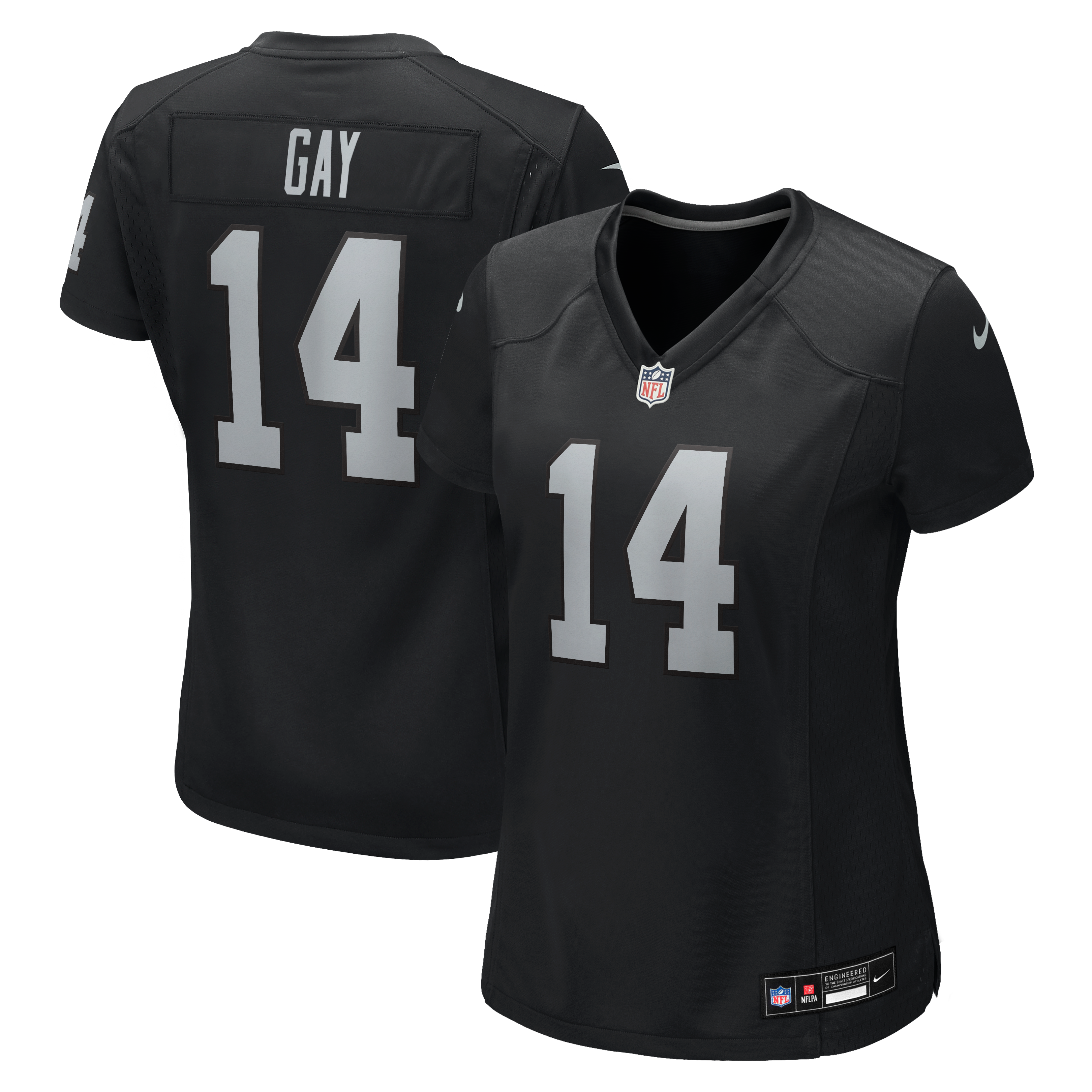 Maillot de match Nike Matt Gay noir pour femme, équipe des Raiders Las Vegas