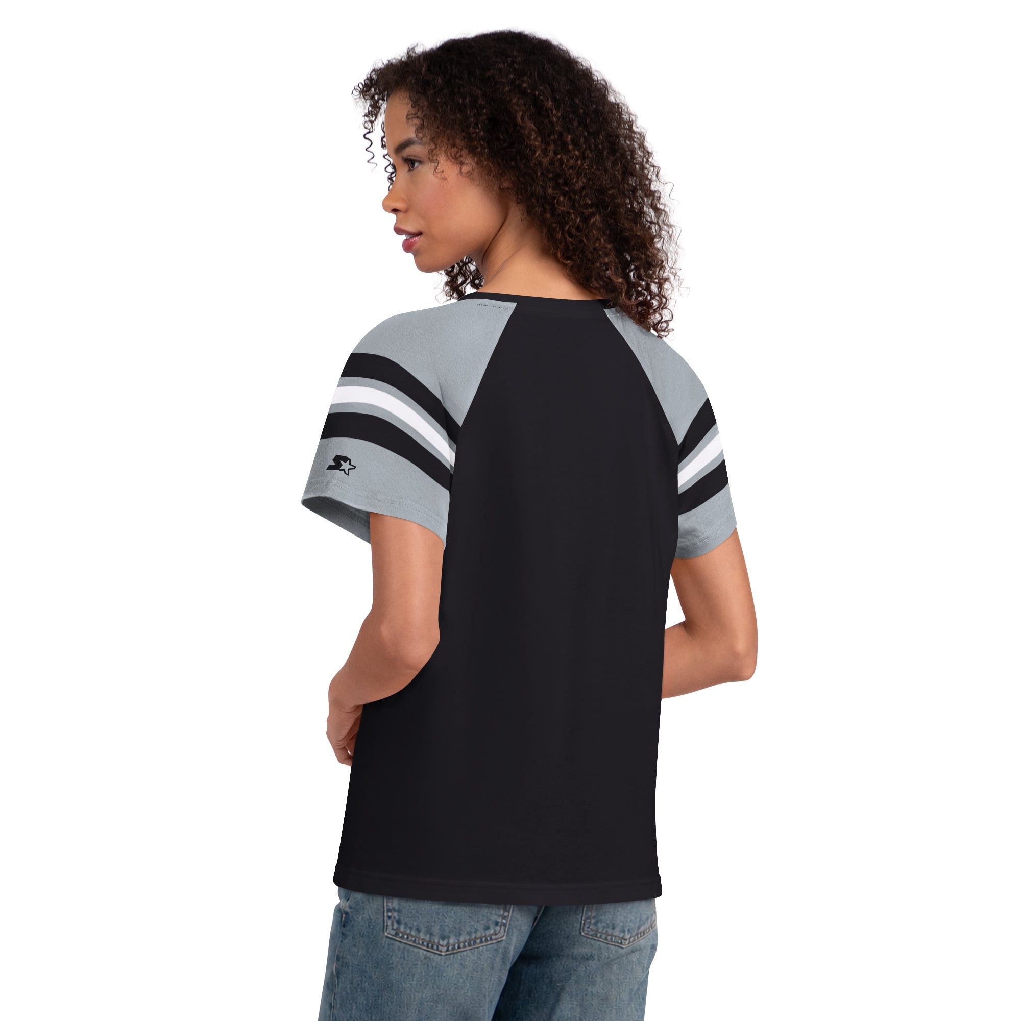 T-shirt raglan à col cranté Starter noir pour femme, Las Vegas Raiders Game On