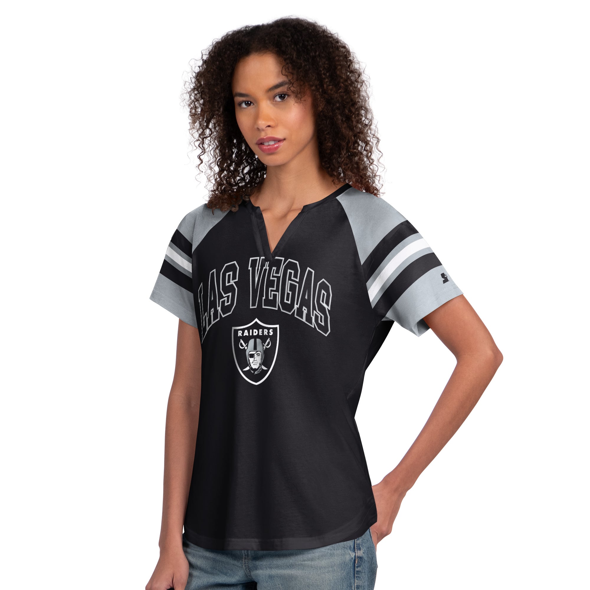 T-shirt raglan à col cranté Starter noir pour femme, Las Vegas Raiders Game On