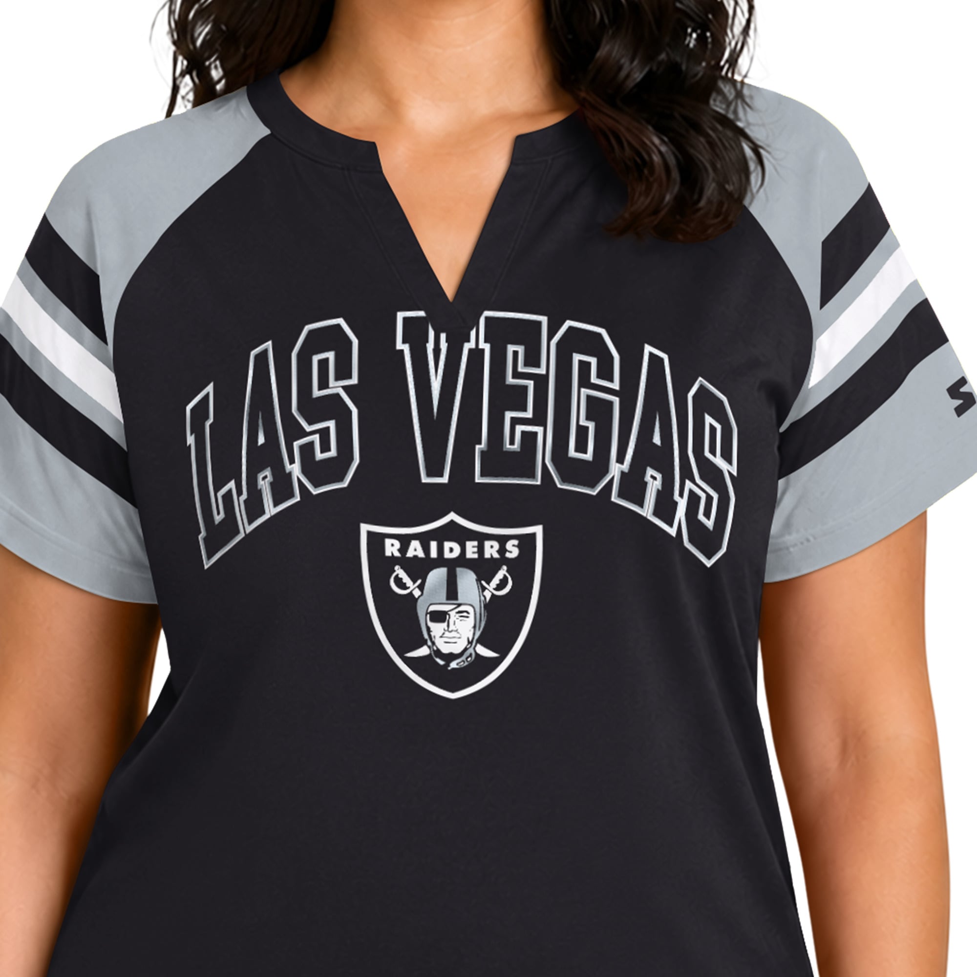 T-shirt raglan Starter noir pour femme, Las Vegas Raiders, grande taille, Game On, col cranté
