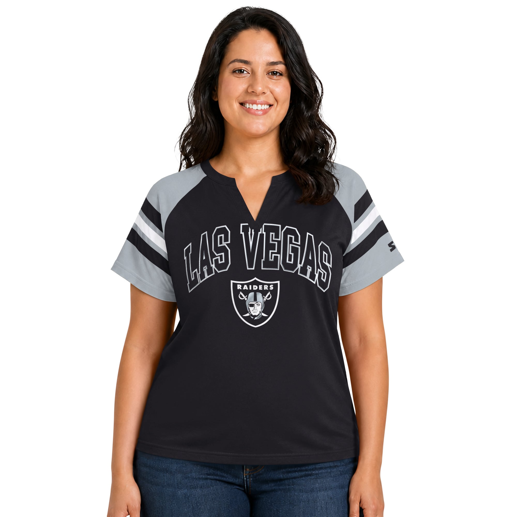 T-shirt raglan Starter noir pour femme, Las Vegas Raiders, grande taille, Game On, col cranté