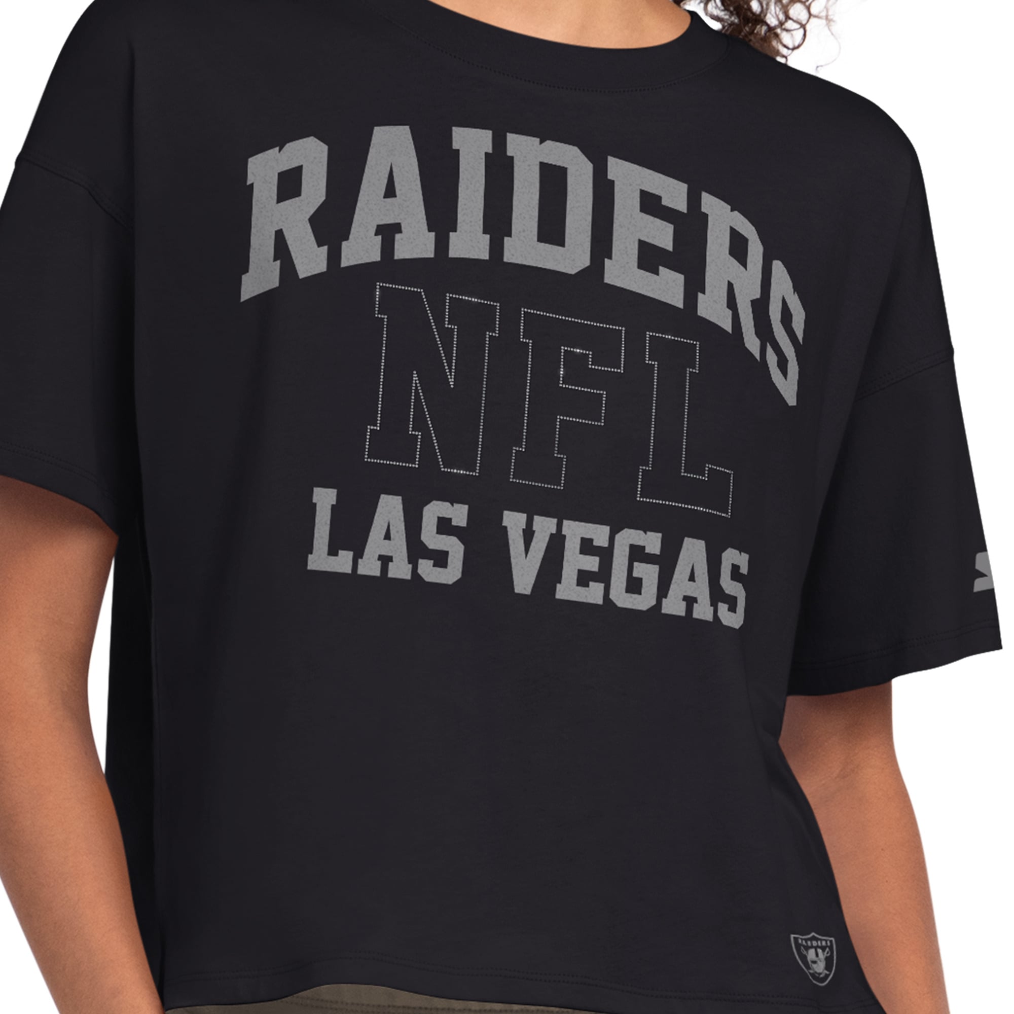T-shirt court à strass Starter noir pour femme, Las Vegas Raiders
