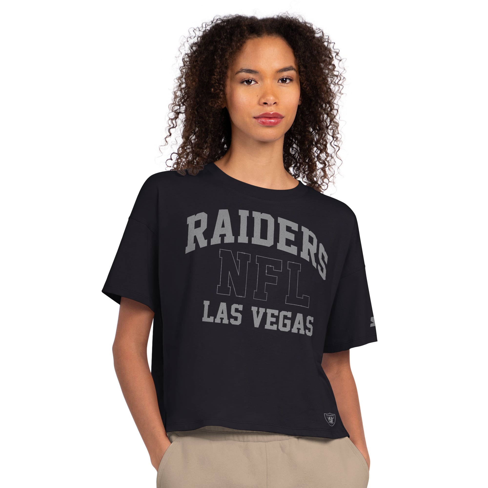 T-shirt court à strass Starter noir pour femme, Las Vegas Raiders