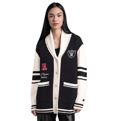 Las Vegas Raiders Starter Women's Strike Zone Shawl-Collar Button-Up Cardigan - Black