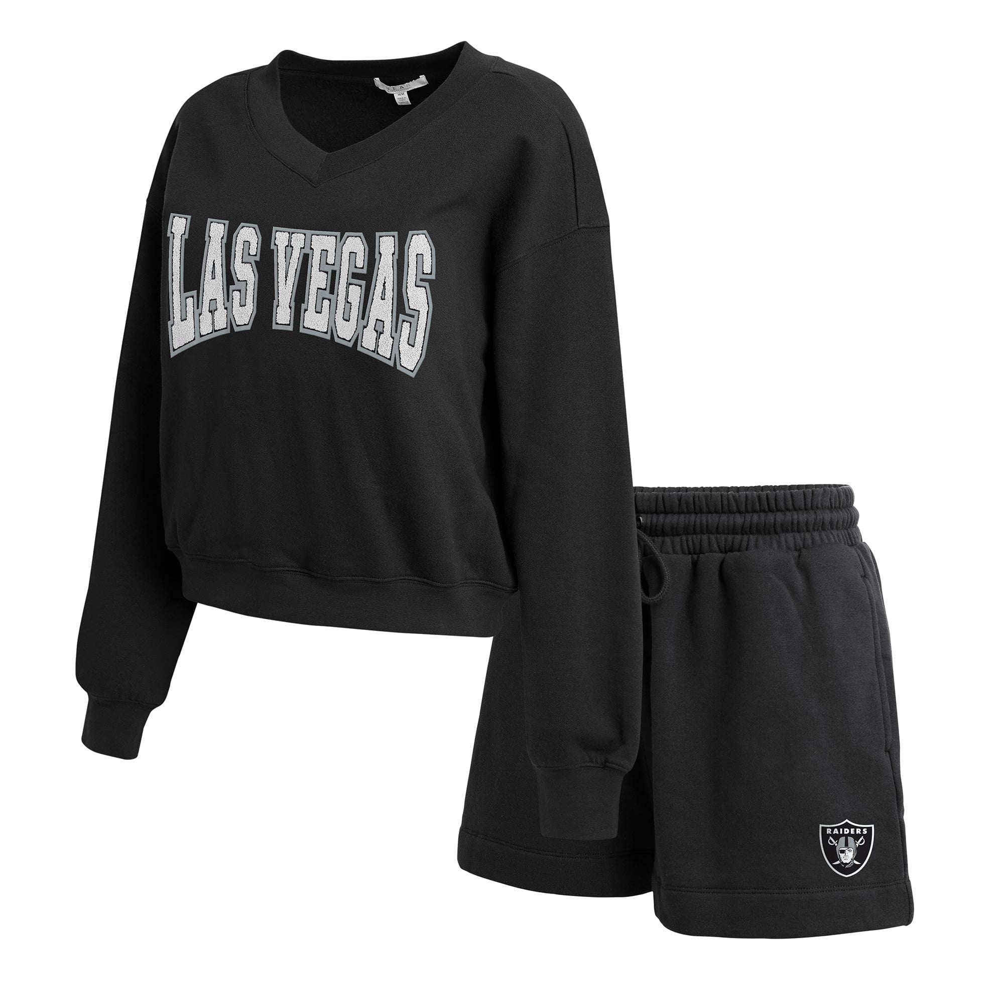Women's WEAR by Erin Andrews Black Las Vegas Raiders Fleece V-Neck Lounge Set