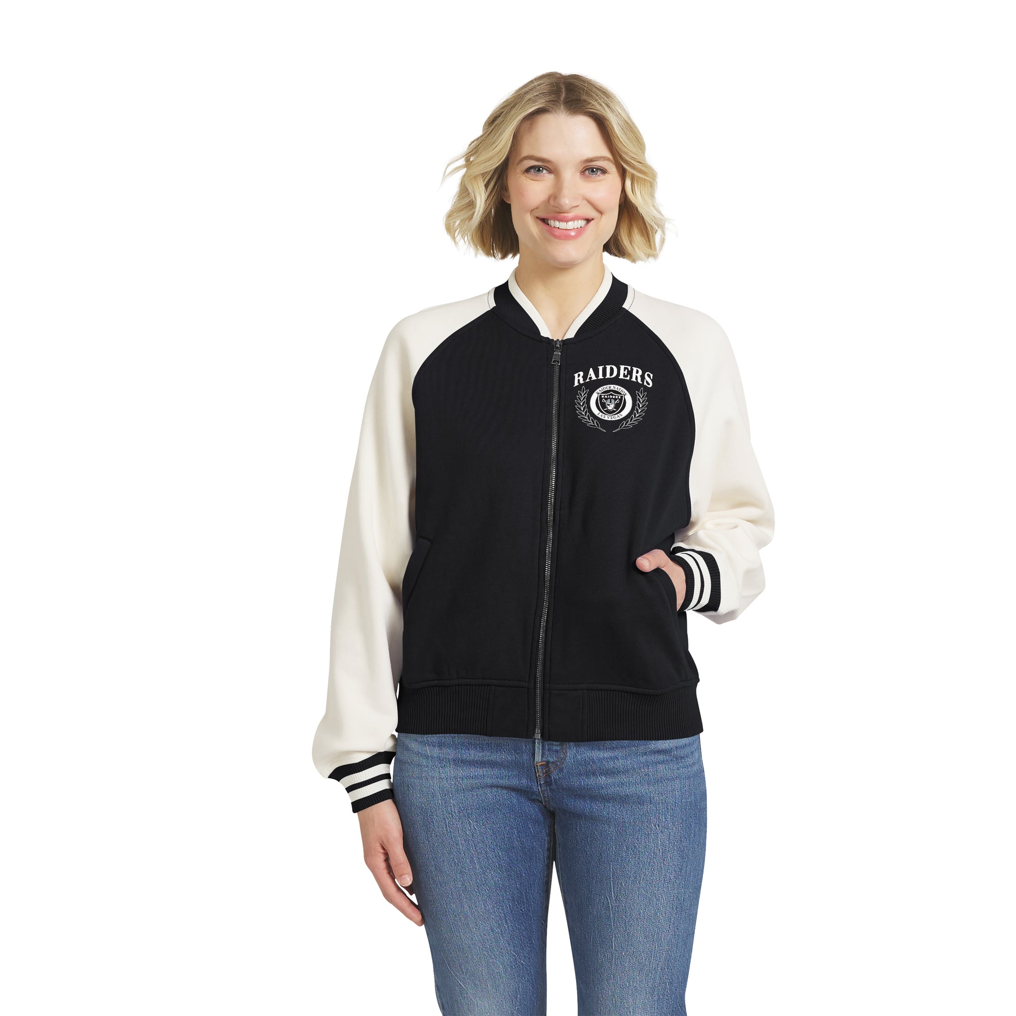 Women's WEAR by Erin Andrews Black Las Vegas Raiders Full-Zip Fleece Varsity Jacket