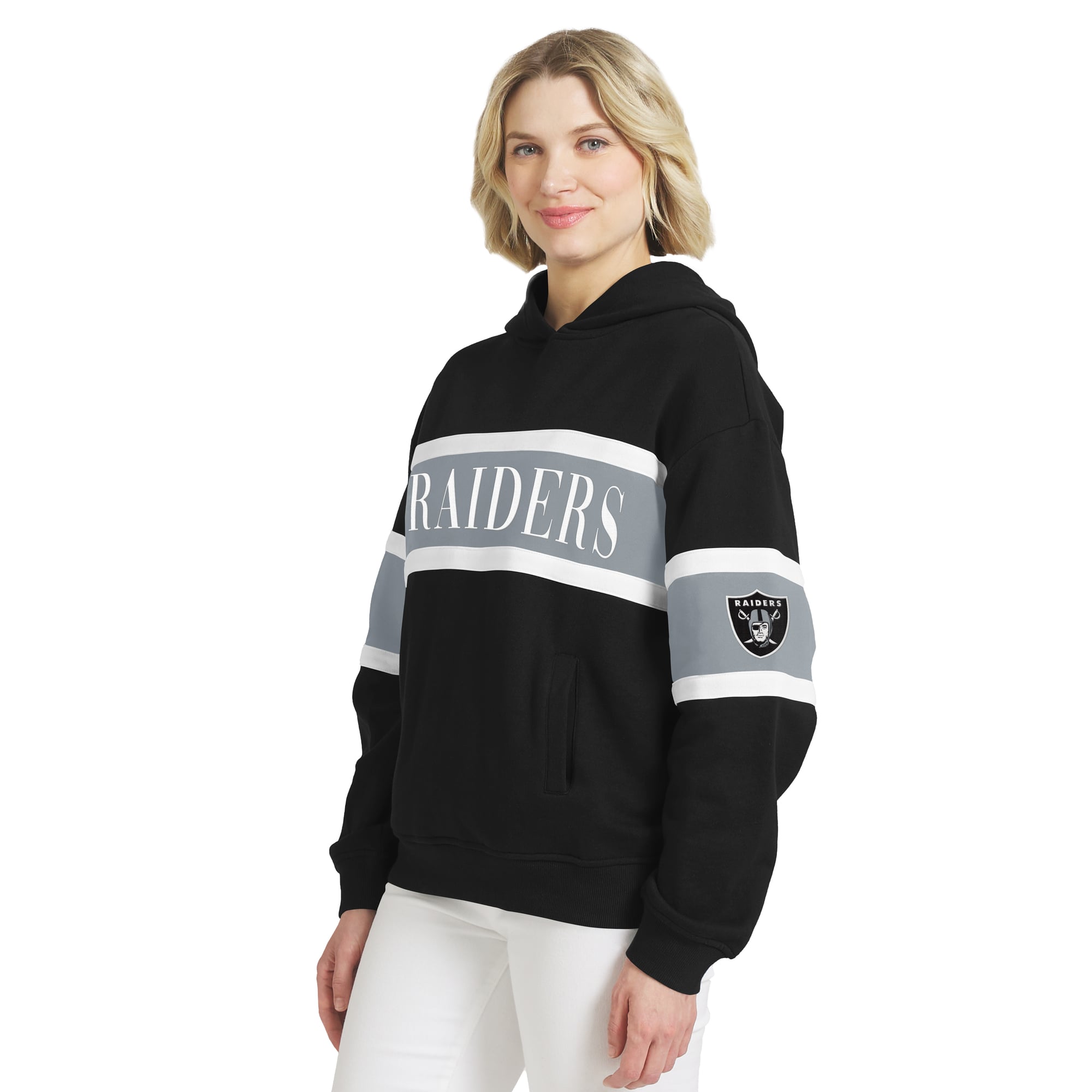 Sweat à capuche rayé noir Las Vegas Raiders de la marque WEAR by Erin Andrews pour femmes