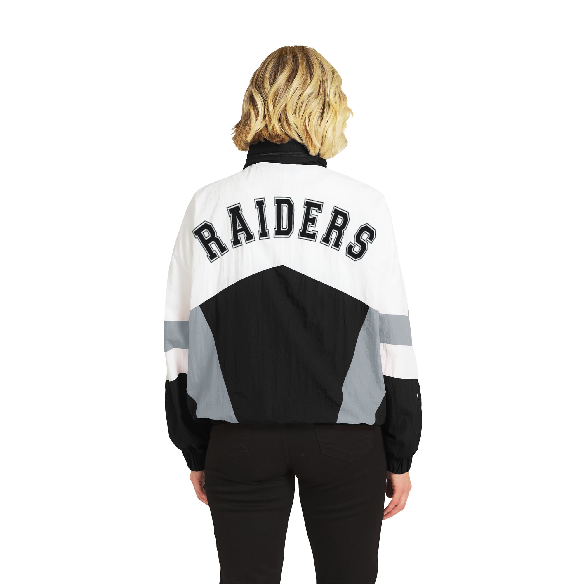 Women's WEAR by Erin Andrews White/Black Las Vegas Raiders Crinkle Full-Snap Hooded Windbreaker Jacket