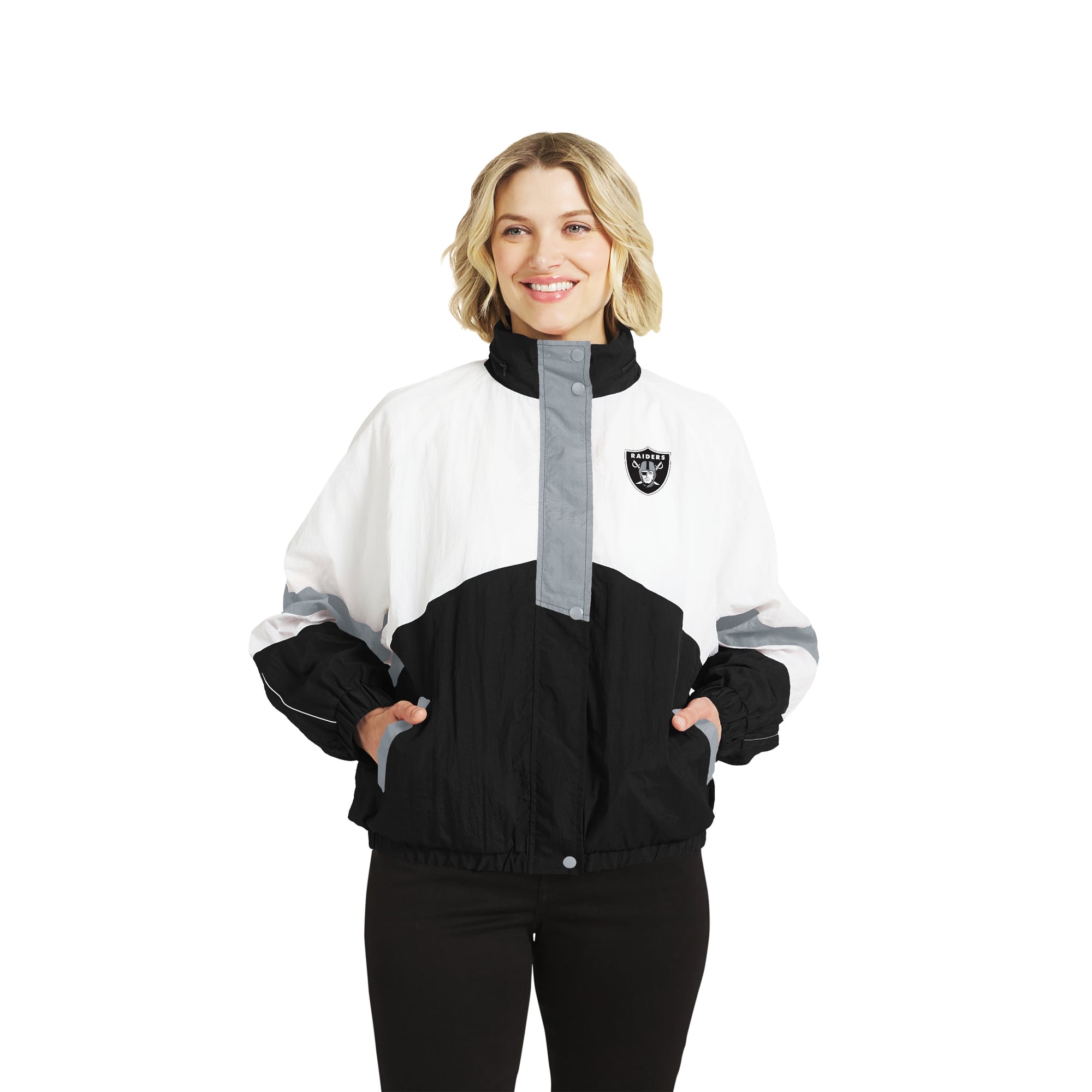 Women's WEAR by Erin Andrews White/Black Las Vegas Raiders Crinkle Full-Snap Hooded Windbreaker Jacket