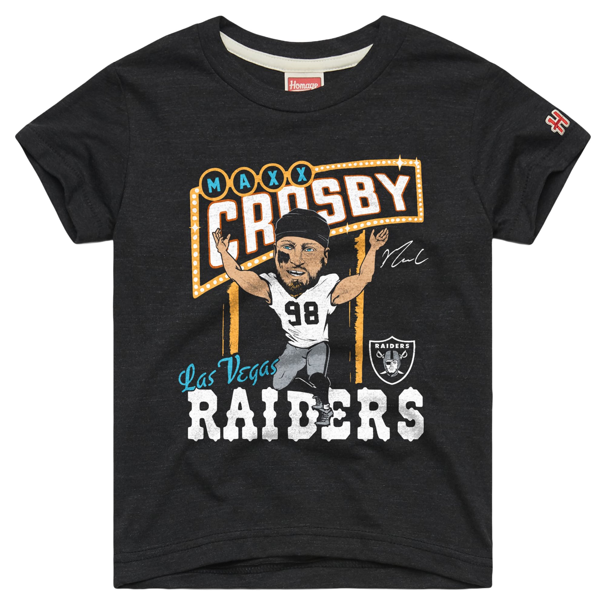 T-shirt hommage jeunesse Maxx Crosby Charcoal Las Vegas Raiders Caricature