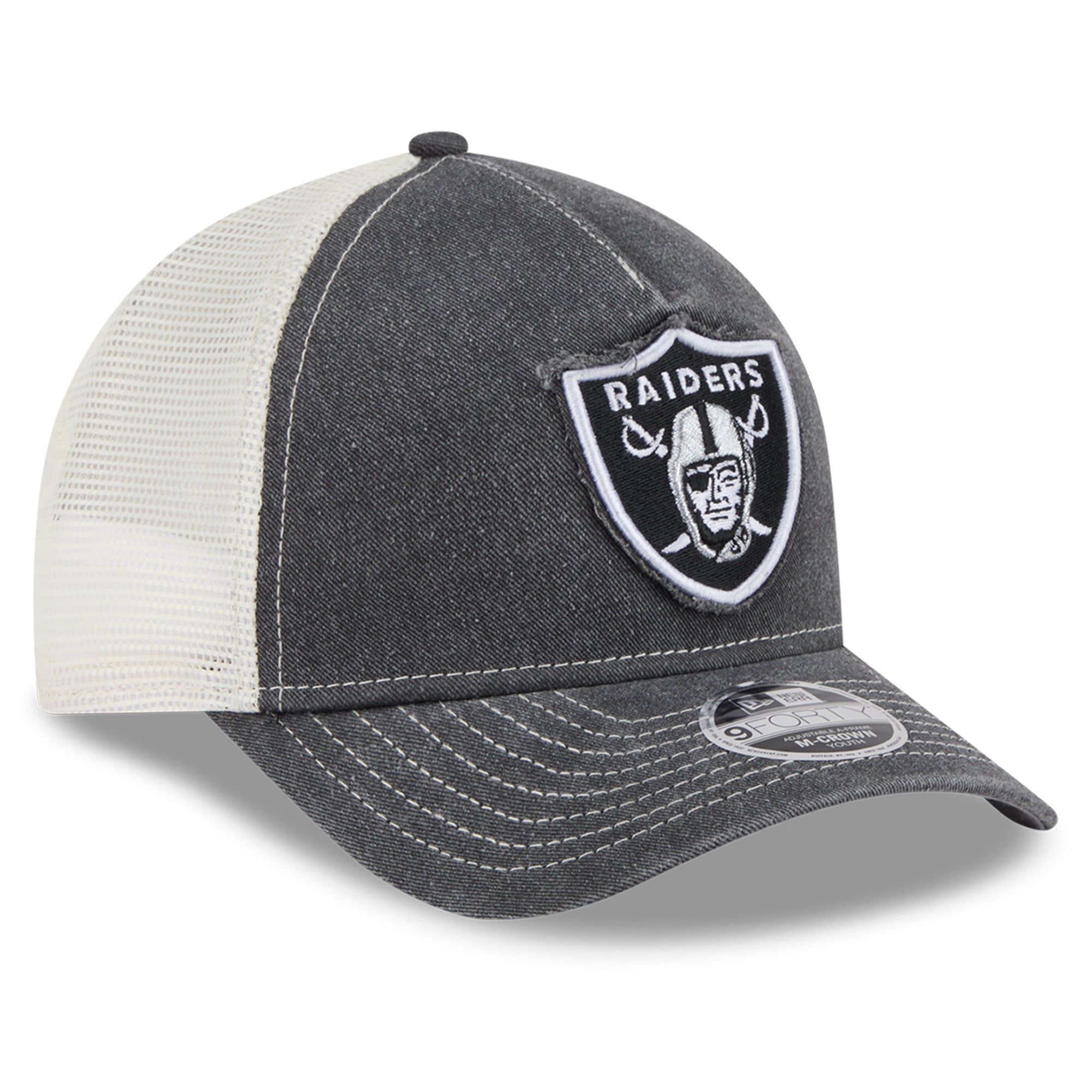 Casquette trucker ajustable New Era noire pour jeunes fans des Raiders de Las Vegas, modèle 9FORTY A-Frame M-Crown, modèle A-Frame, à motif ajouré et couronne.