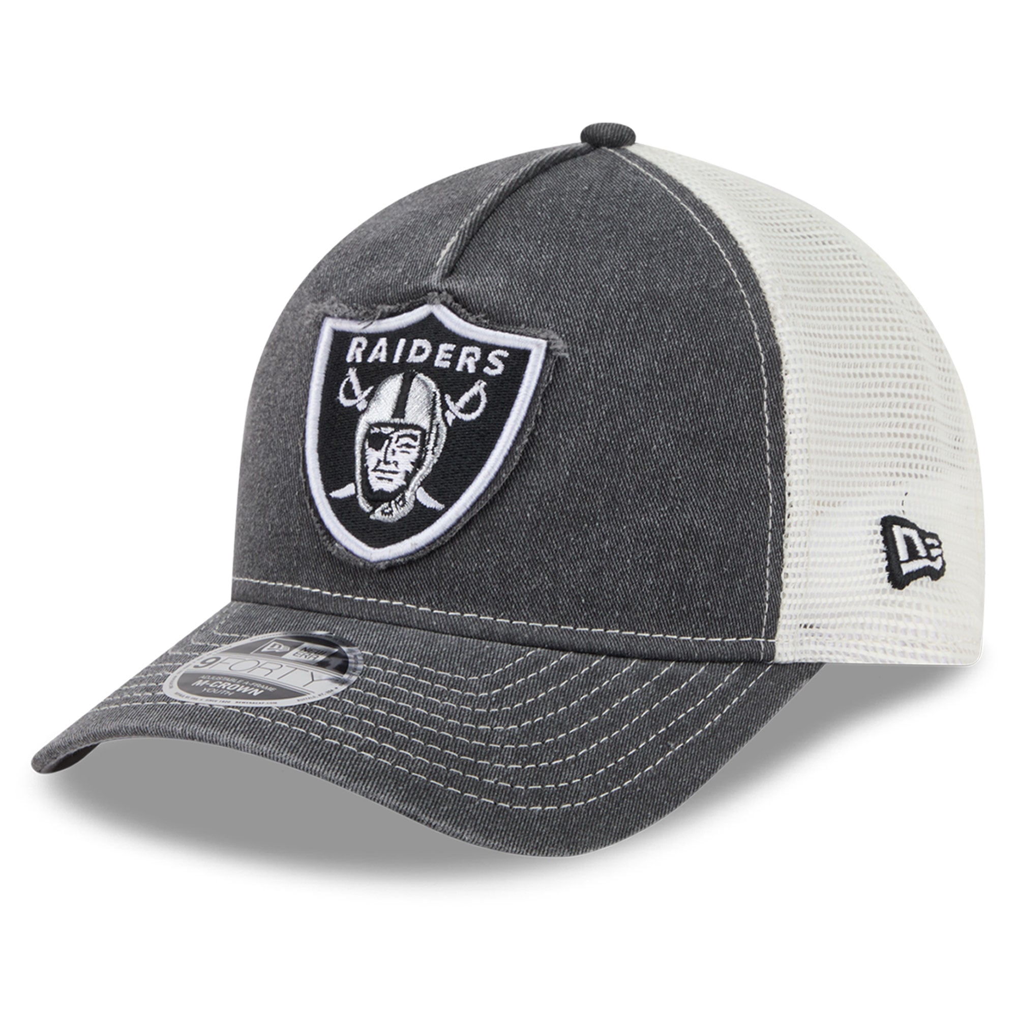 Casquette trucker ajustable New Era noire pour jeunes fans des Raiders de Las Vegas, modèle 9FORTY A-Frame M-Crown, modèle A-Frame, à motif ajouré et couronne.