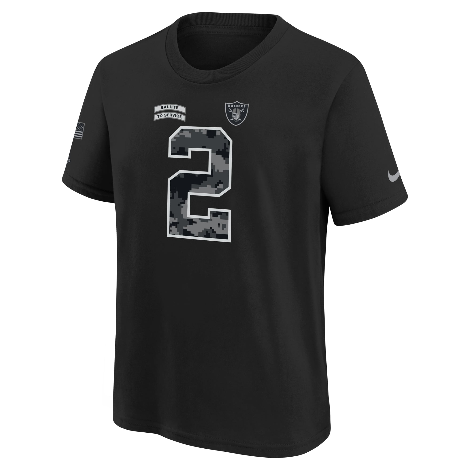 T-shirt Nike Ashton Jeanty noir pour enfant, Las Vegas Raiders 2026, hommage aux forces armées, nom et numéro