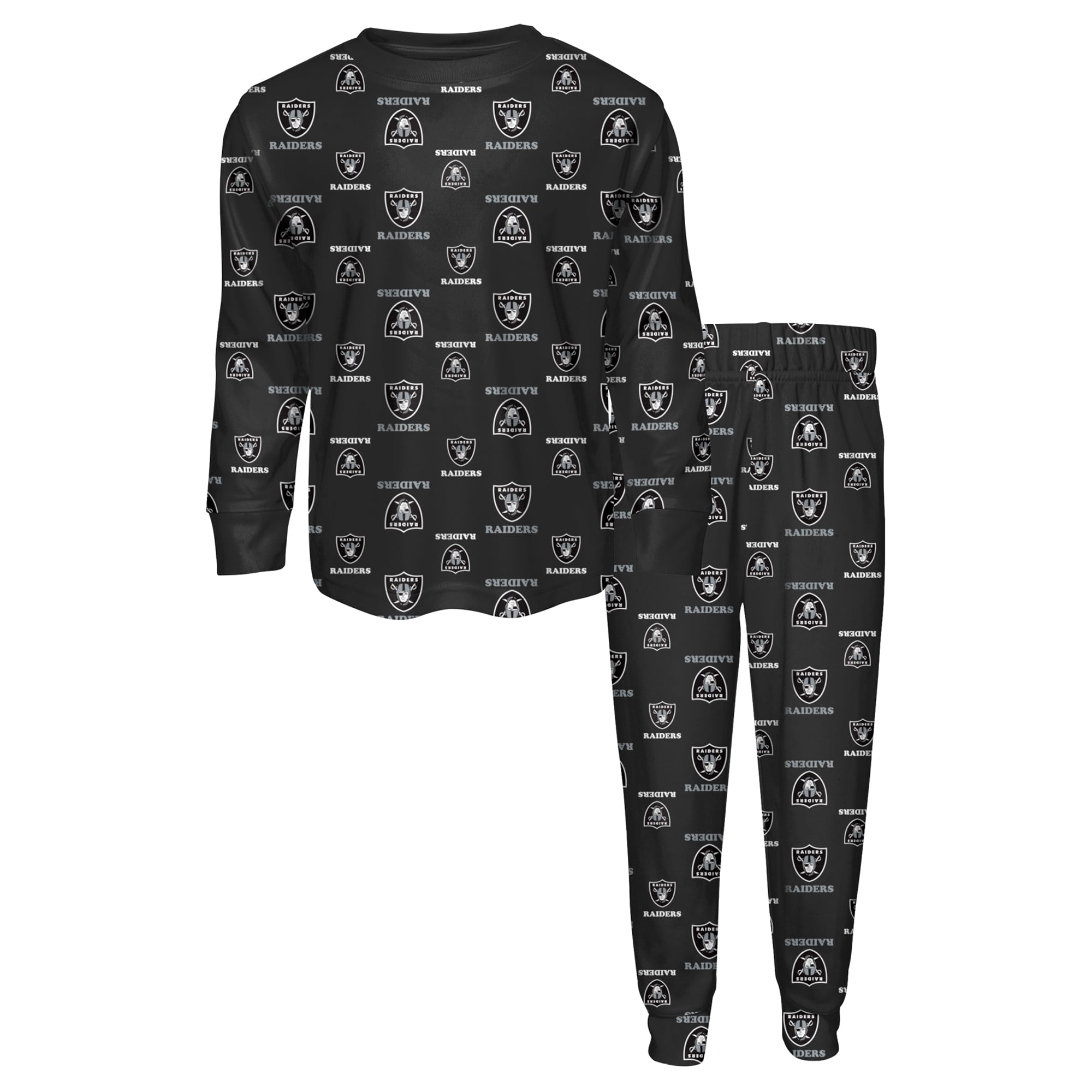 Ensemble pyjama Outerstuff noir pour enfant, composé d'un t-shirt à manches longues et pantalon imprimé intégral Las Vegas Raiders.