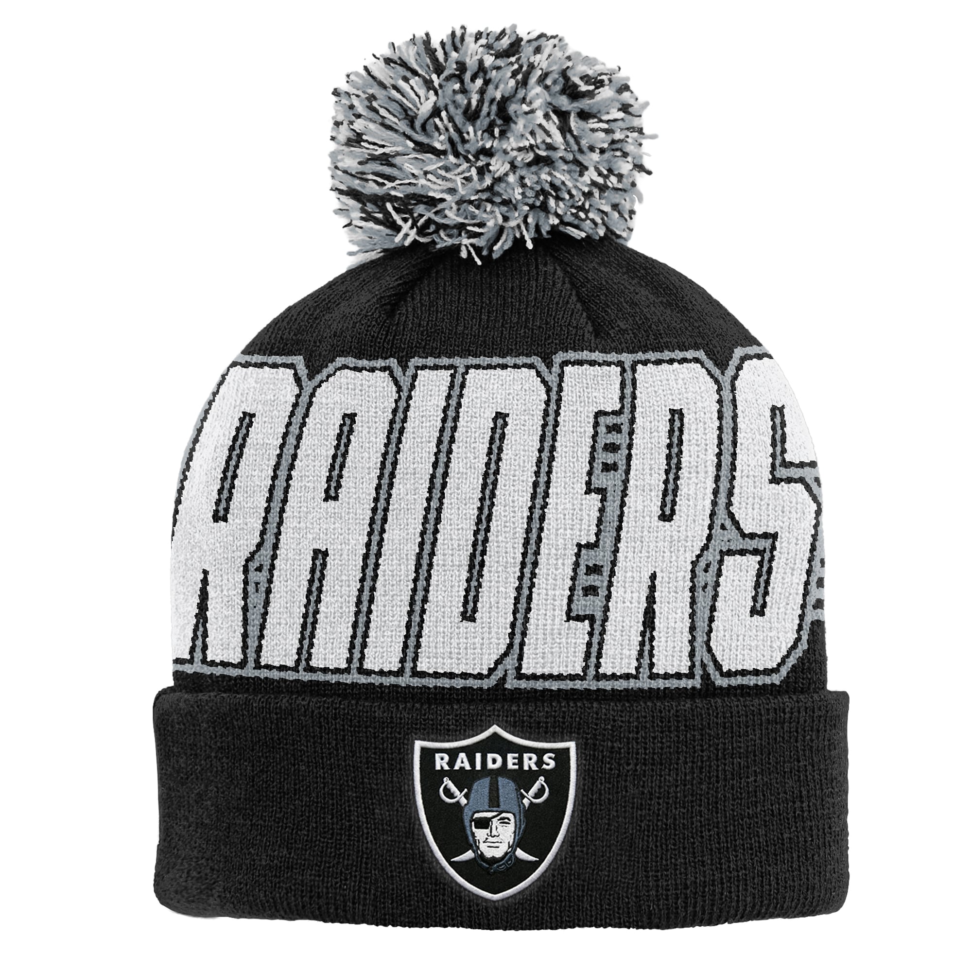 Bonnet tricoté à revers noir Las Vegas Raiders pour enfant, avec pompon