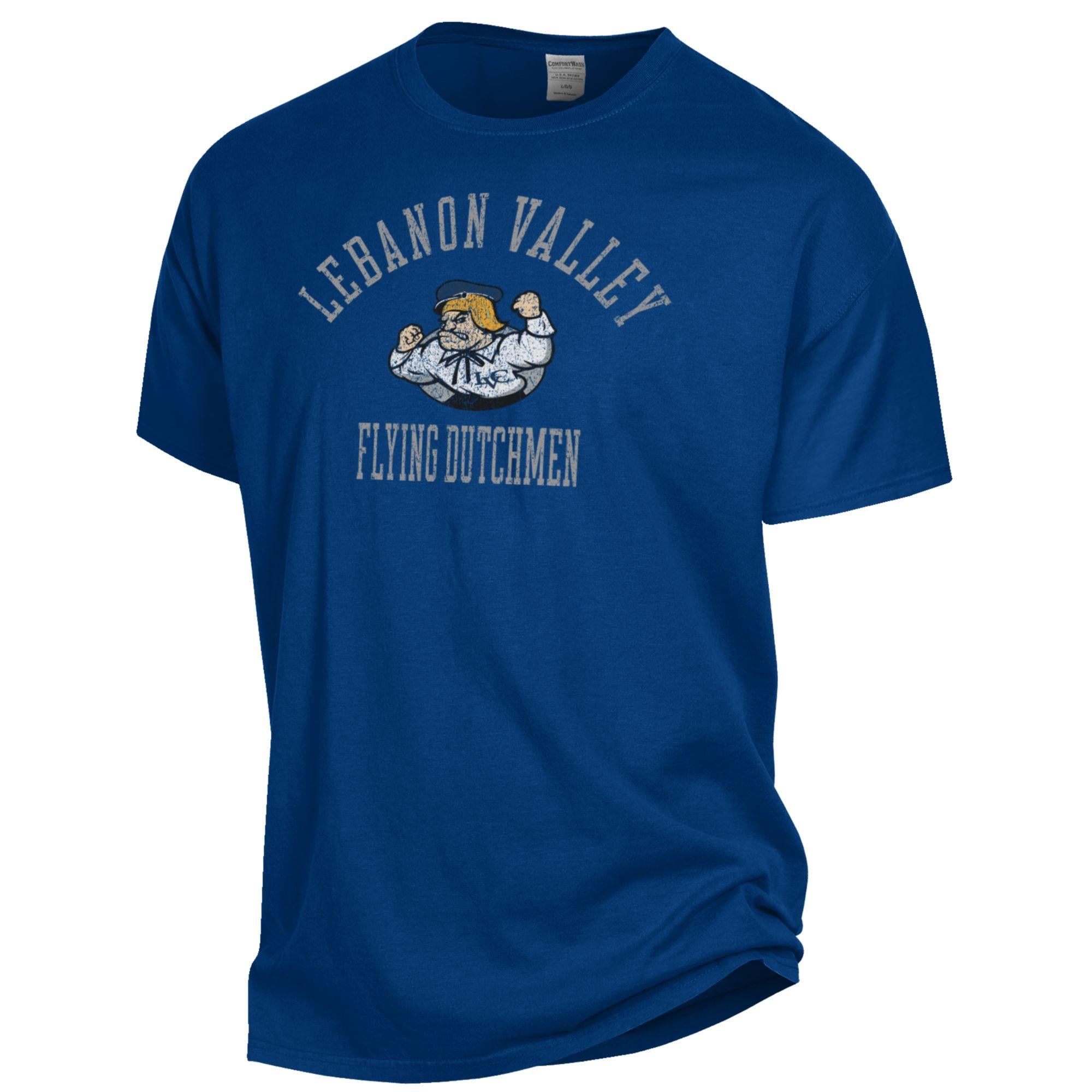 T-shirt teint en pièce ComfortWash bleu marine pour homme, motif arche Flying Dutchmen de Lebanon Valley