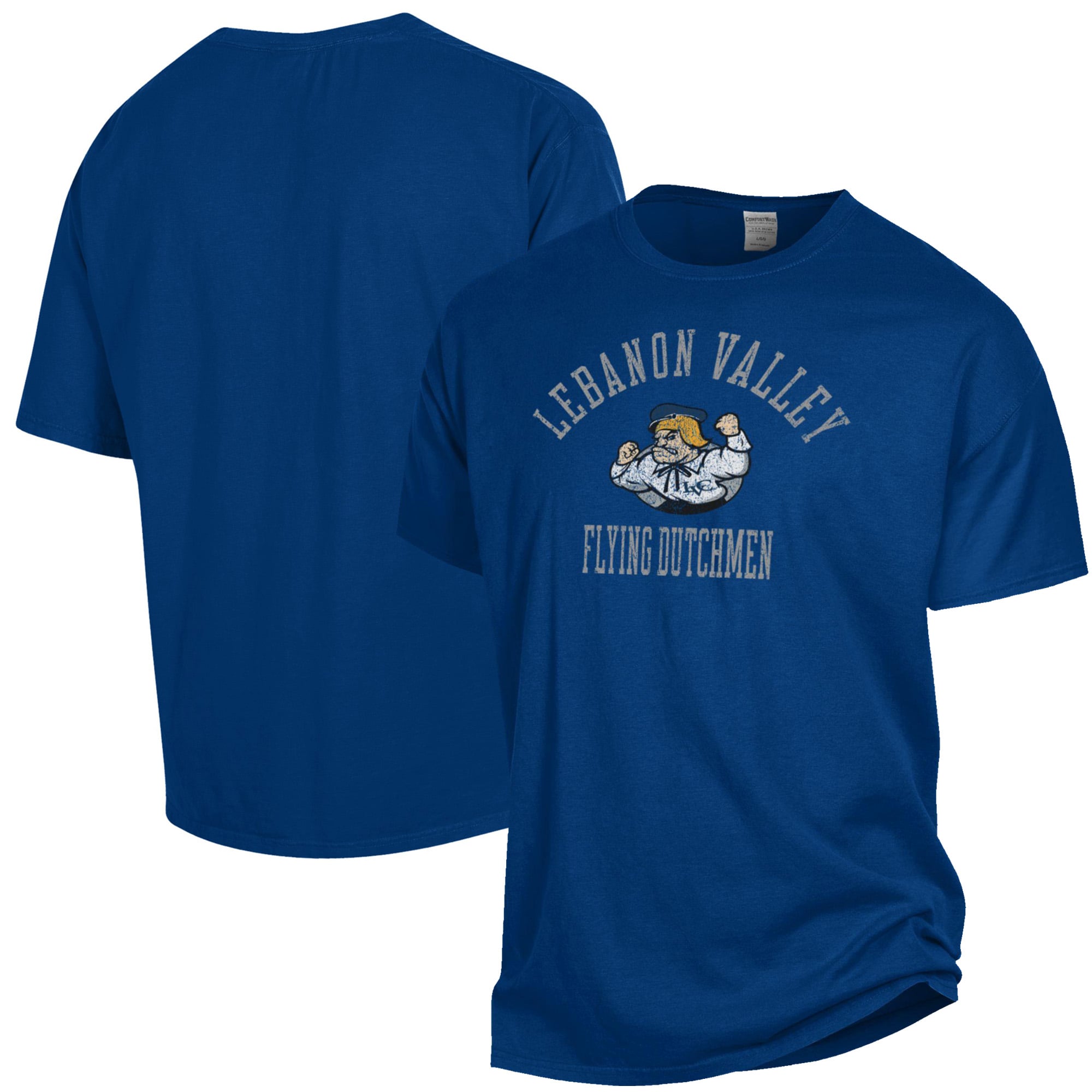 T-shirt teint en pièce ComfortWash bleu marine pour homme, motif arche Flying Dutchmen de Lebanon Valley