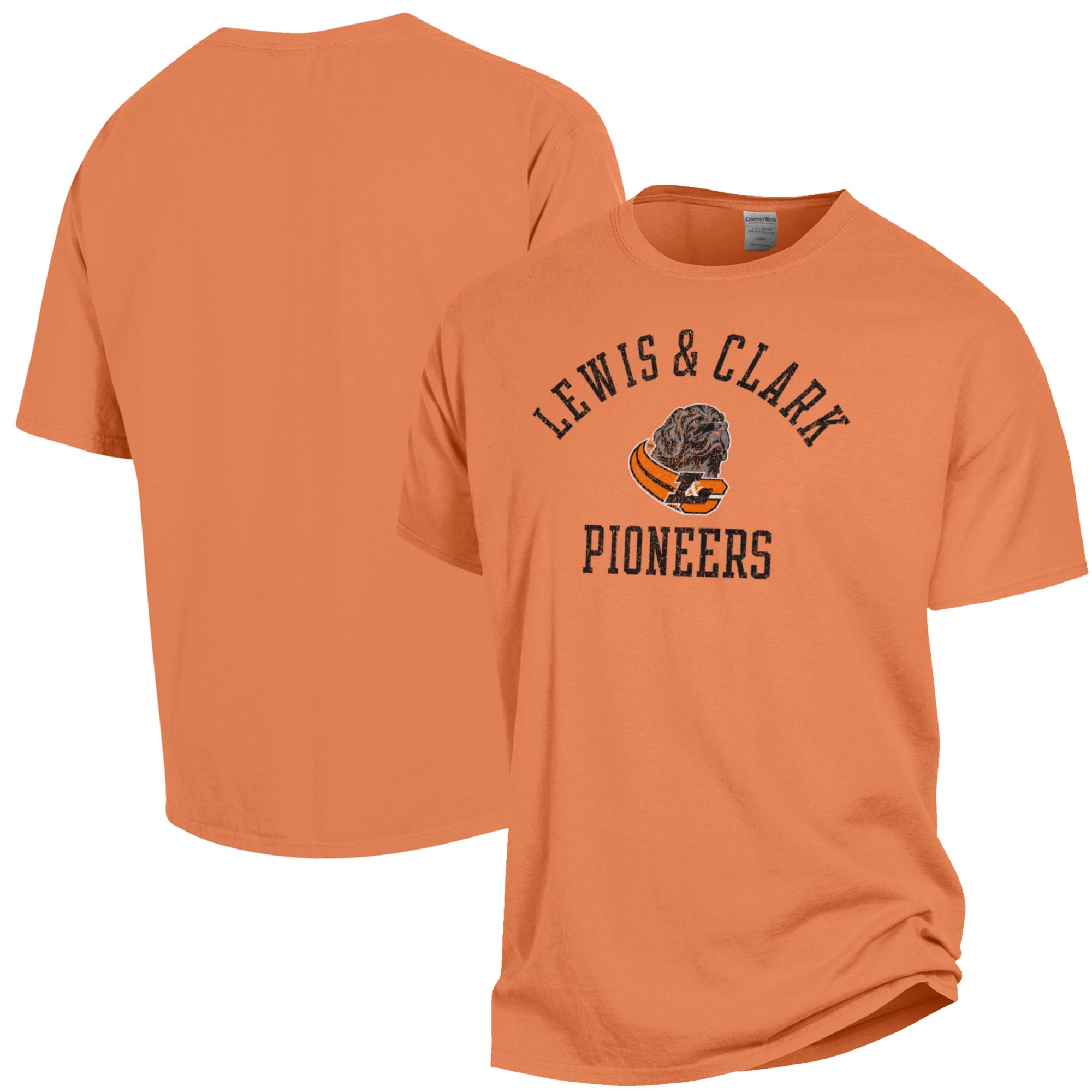 T-shirt teint en pièce ComfortWash orange pour homme, avec logo des Pioneers du Lewis & Clark College.