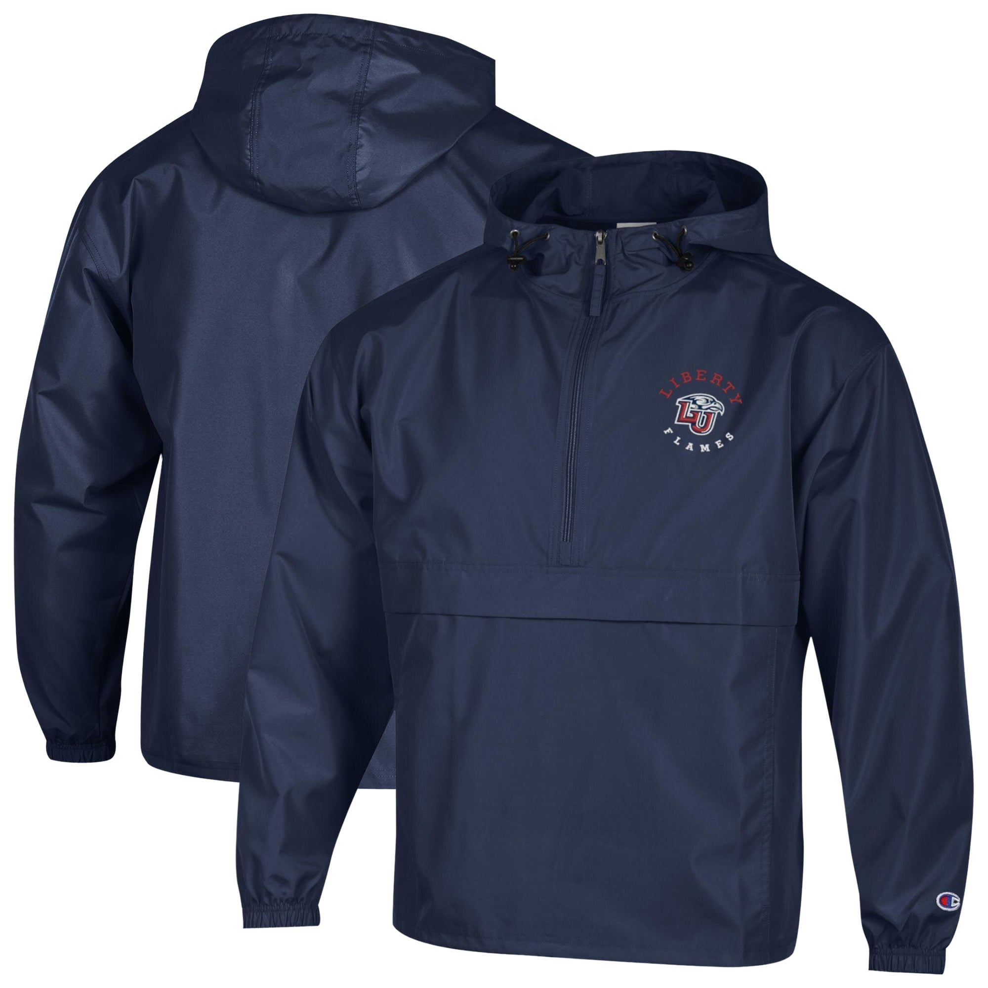 Veste à capuche zippée demi-zip pliable Champion pour homme, ornée de flammes Liberty brodées, couleur marine.