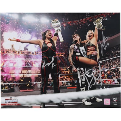 Liv Morgan, Raquel Rodriguez & Dominik Mysterio The Judgment Day WWE Autographed Fanatics Authentic 16" x 20" Raising Tag Team Titles Celebration Photograph