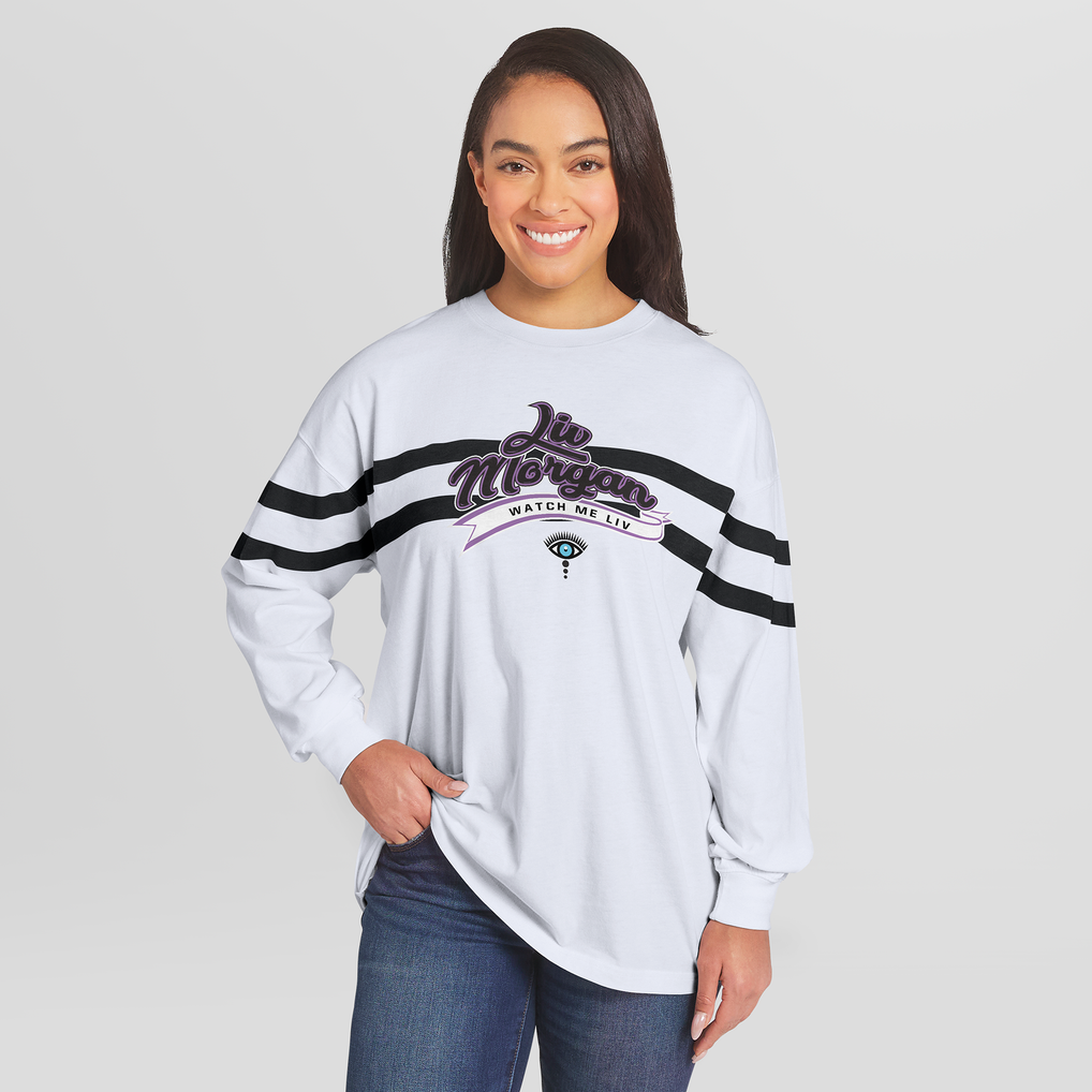Liv Morgan WEAR by Erin Andrews Women's Oversized Stripe Long Sleeve T-Shirt - White