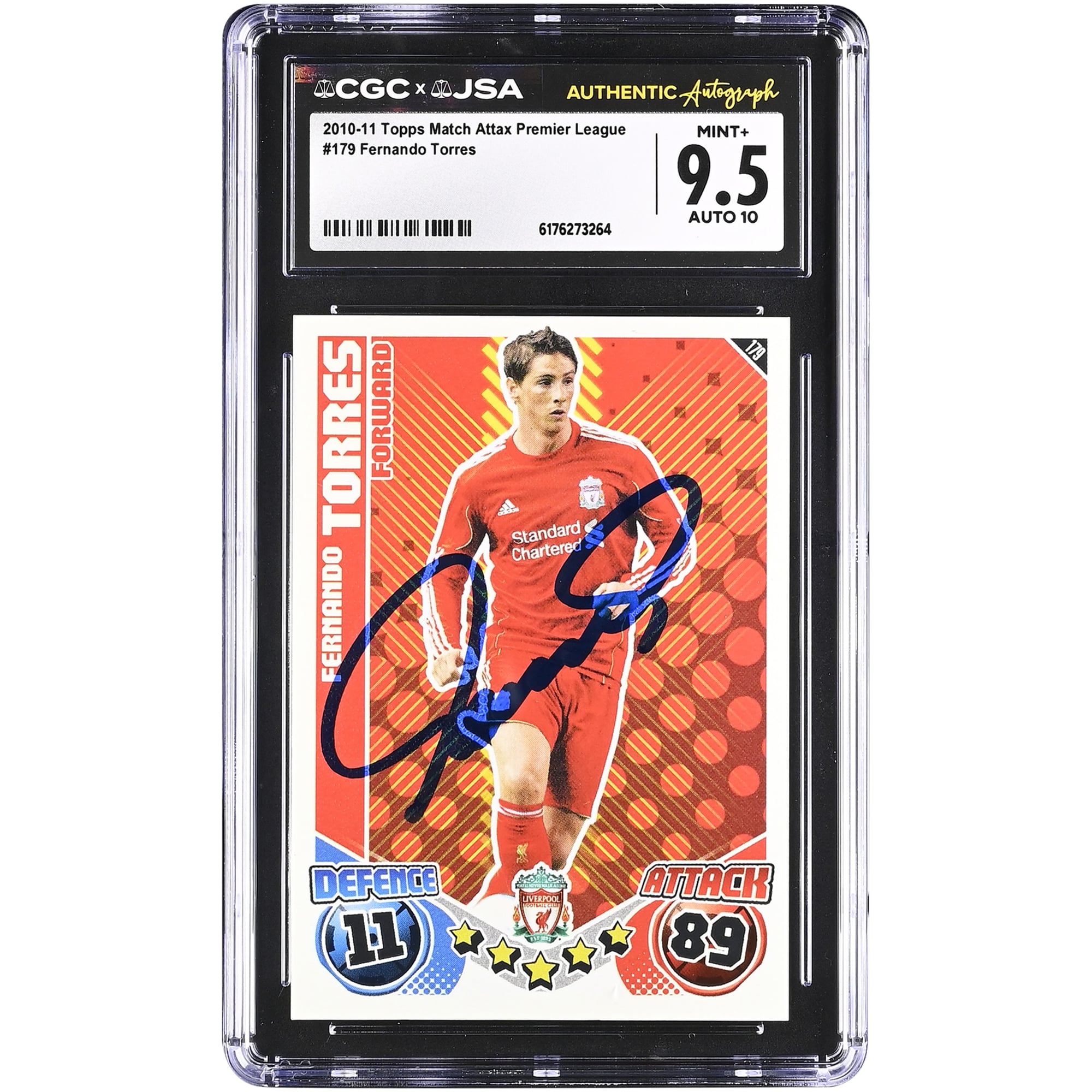 Carte autographiée de Fernando Torres (Liverpool) Topps Match Attax Premier League 11 n° 179, authentifiée par CGC (9,5/10).