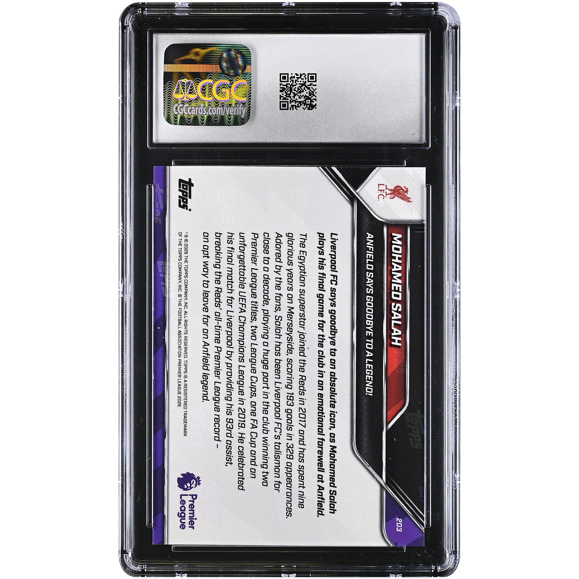 Mohamed Salah Liverpool 2025-26 Topps Now Premier League Anfield dit adieu à une légende ! Carte n° 203 authentifiée CGC, état neuf (GEM MINT 10).