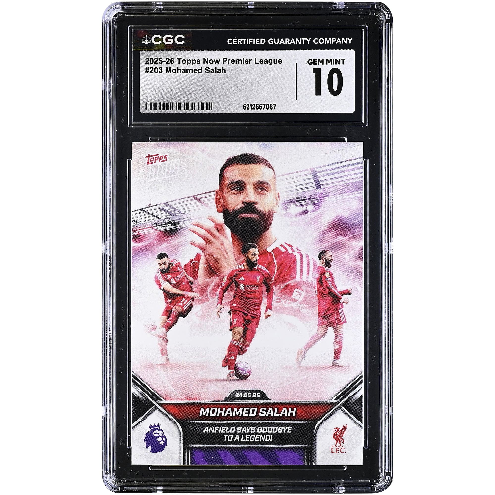 Mohamed Salah Liverpool 2025-26 Topps Now Premier League Anfield dit adieu à une légende ! Carte n° 203 authentifiée CGC, état neuf (GEM MINT 10).