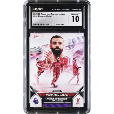 Mohamed Salah Liverpool 2025-26 Topps Now Premier League Anfield dit adieu à une légende ! Carte n° 203 authentifiée CGC, état neuf (GEM MINT 10).