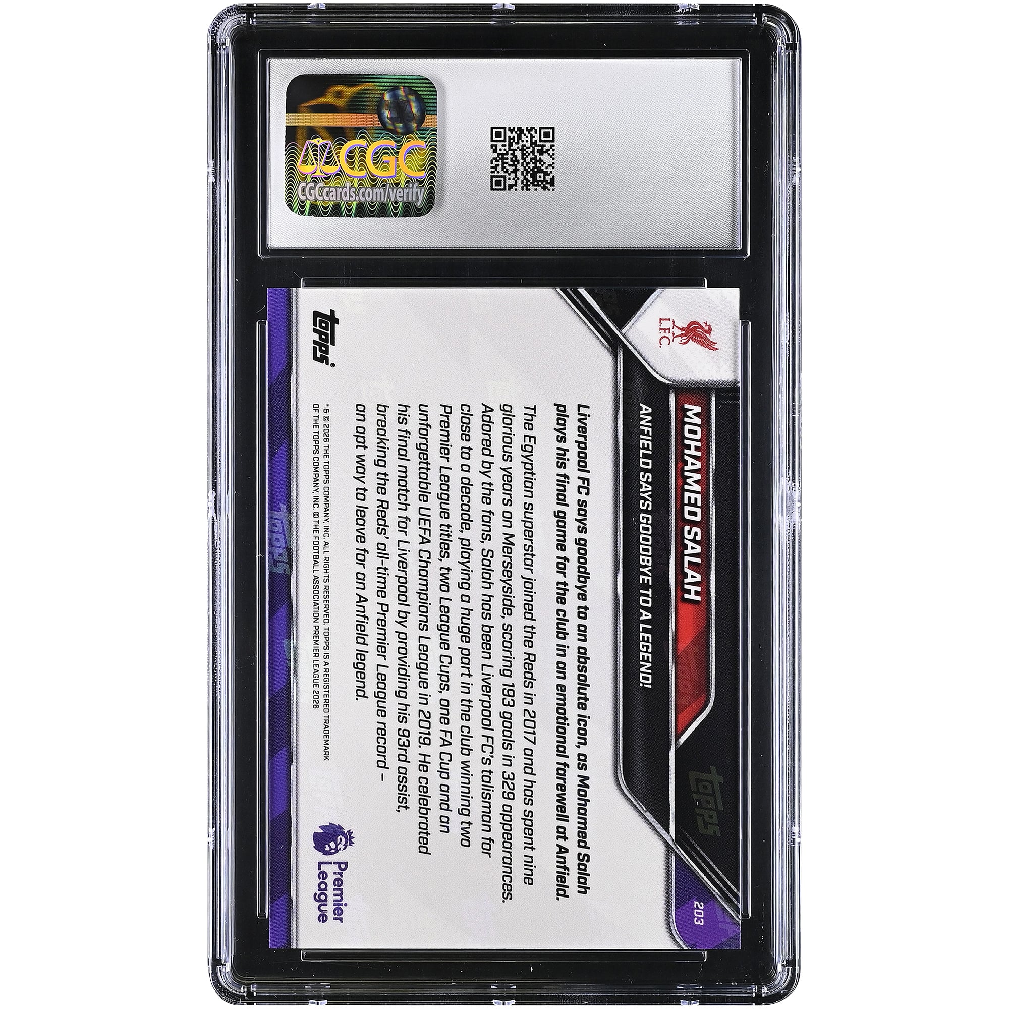 Mohamed Salah Liverpool 2025-26 Topps Now Premier League Anfield dit adieu à une légende ! #203 Carte authentifiée CGC MINT+ 9.5