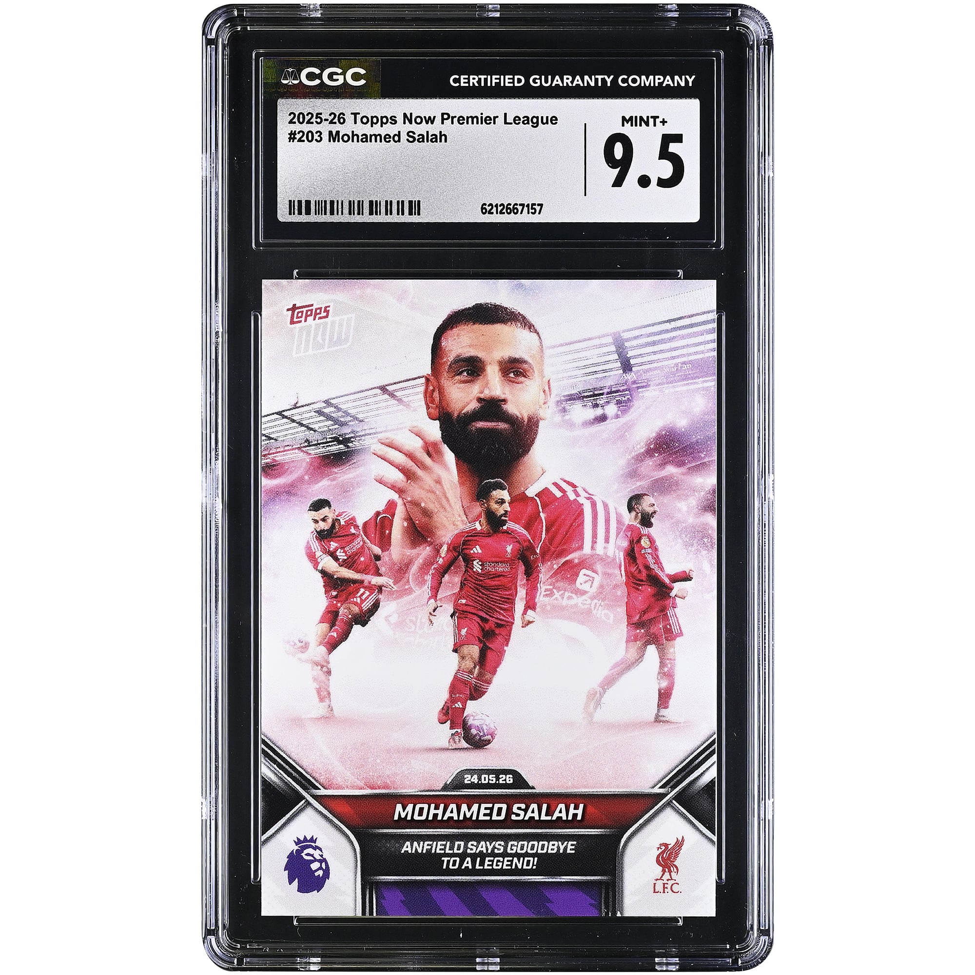 Mohamed Salah Liverpool 2025-26 Topps Now Premier League Anfield dit adieu à une légende ! #203 Carte authentifiée CGC MINT+ 9.5
