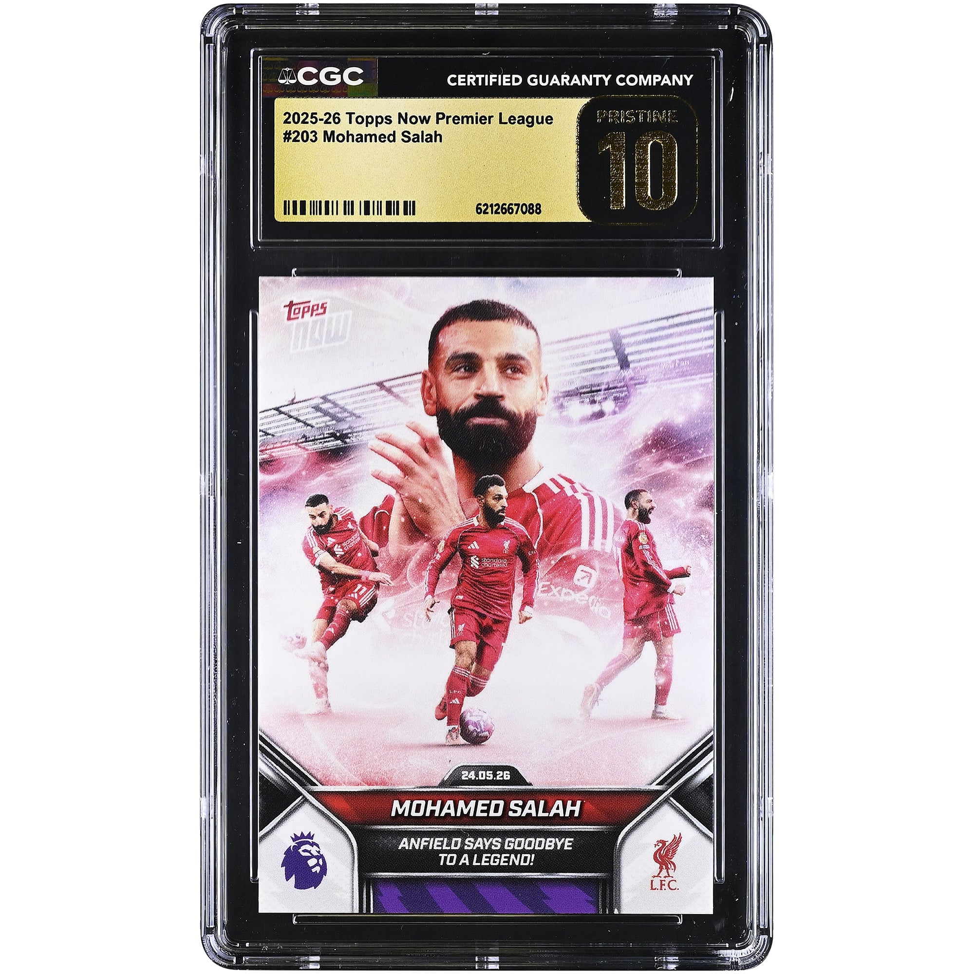 Mohamed Salah Liverpool 2025-26 Topps Now Premier League Anfield dit adieu à une légende ! #203 Carte authentifiée CGC PRISTINE 10