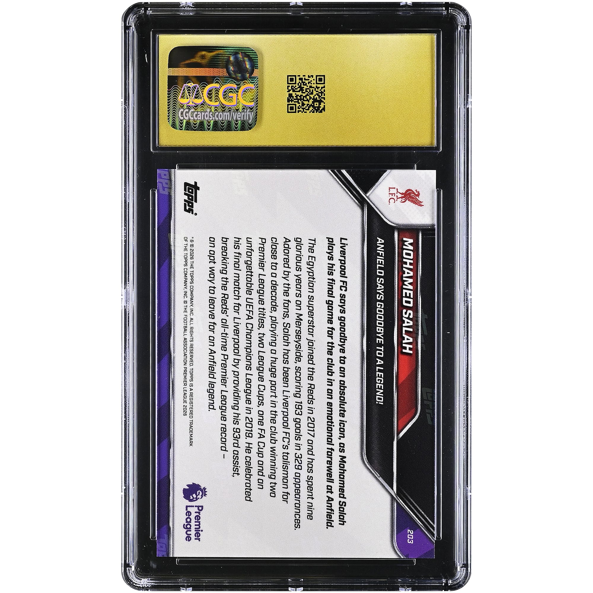Mohamed Salah Liverpool 2025-26 Topps Now Premier League Anfield dit adieu à une légende ! #203 Carte authentifiée CGC PRISTINE 10