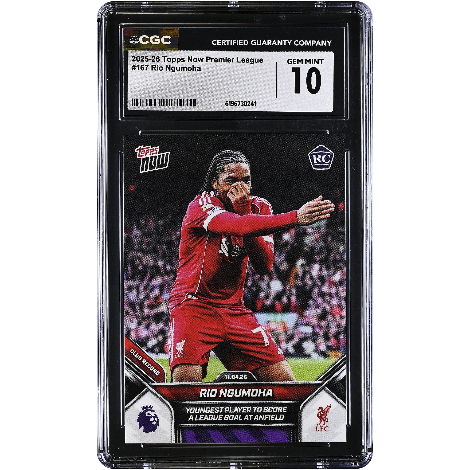 Rio Ngumoha, Liverpool 2025-26 Topps Now Premier League, plus jeune joueur à avoir marqué un but en championnat à Anfield, n° 167, authentifiée CGC, état neuf, carte de recrue n° 10