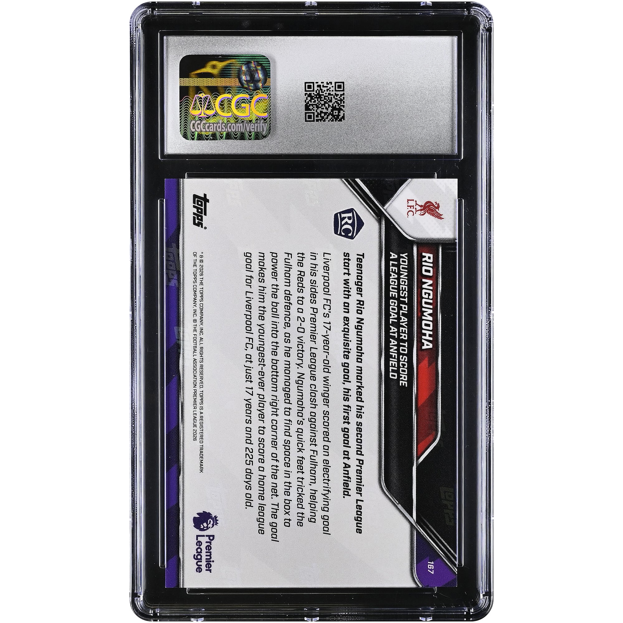 Rio Ngumoha, Liverpool 2025-26 Topps Now Premier League, plus jeune joueur à avoir marqué un but en championnat à Anfield, n° 167, authentifiée CGC, état neuf, carte de recrue n° 10