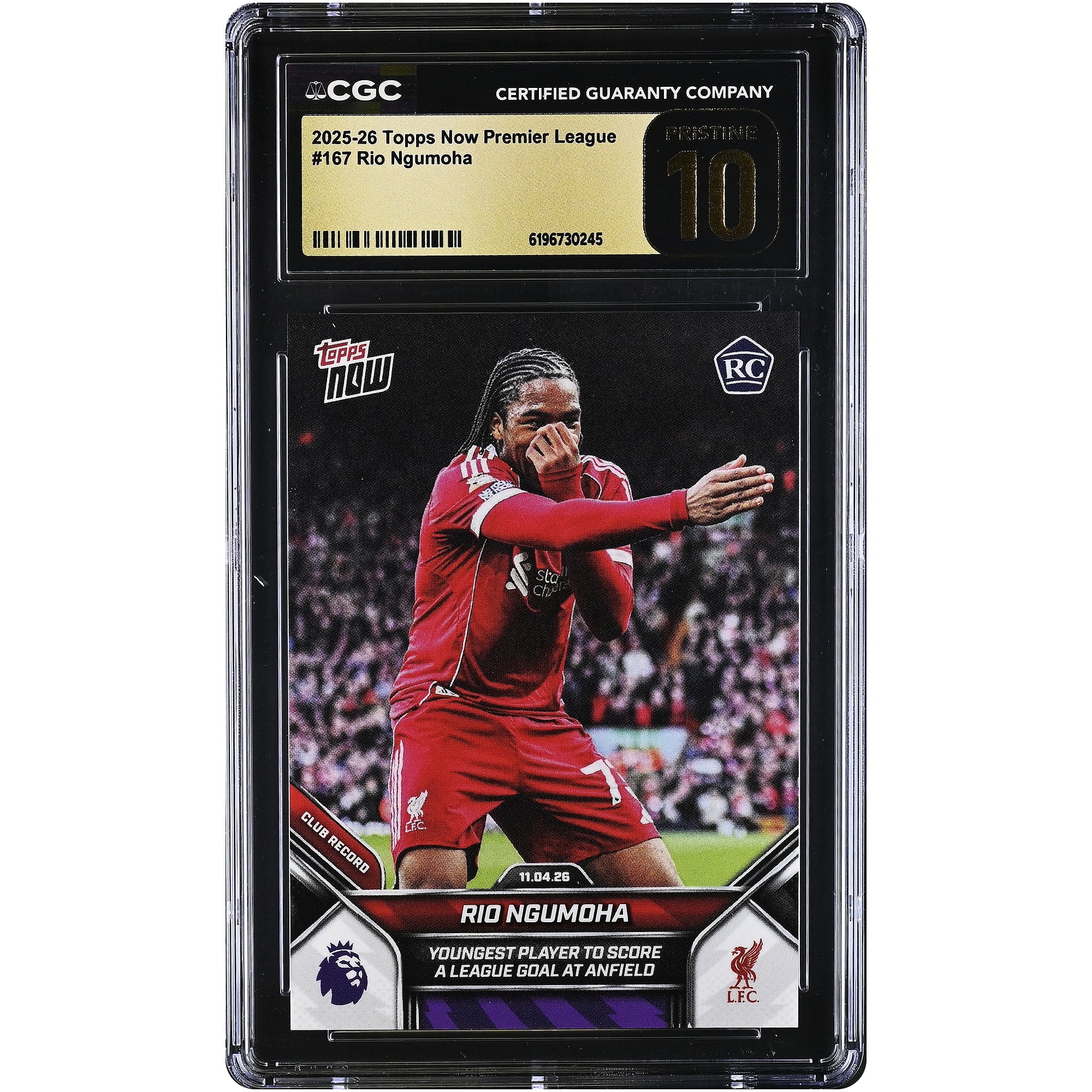 Rio Ngumoha, Liverpool 2025-26 Topps Now Premier League, plus jeune joueur à avoir marqué un but en championnat à Anfield, n° 167, authentifiée CGC, état PRISTINE 10, carte de recrue