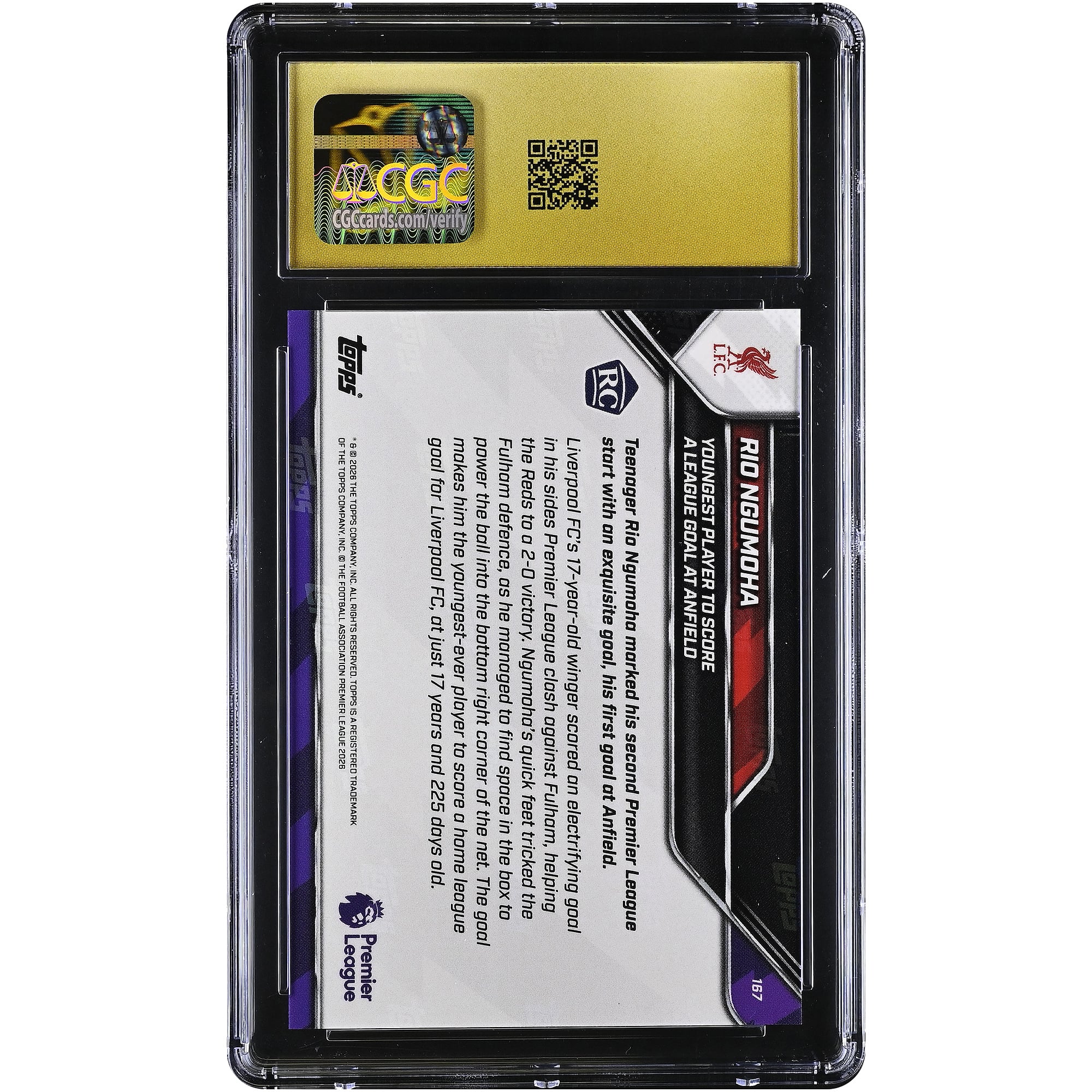 Rio Ngumoha, Liverpool 2025-26 Topps Now Premier League, plus jeune joueur à avoir marqué un but en championnat à Anfield, n° 167, authentifiée CGC, état PRISTINE 10, carte de recrue
