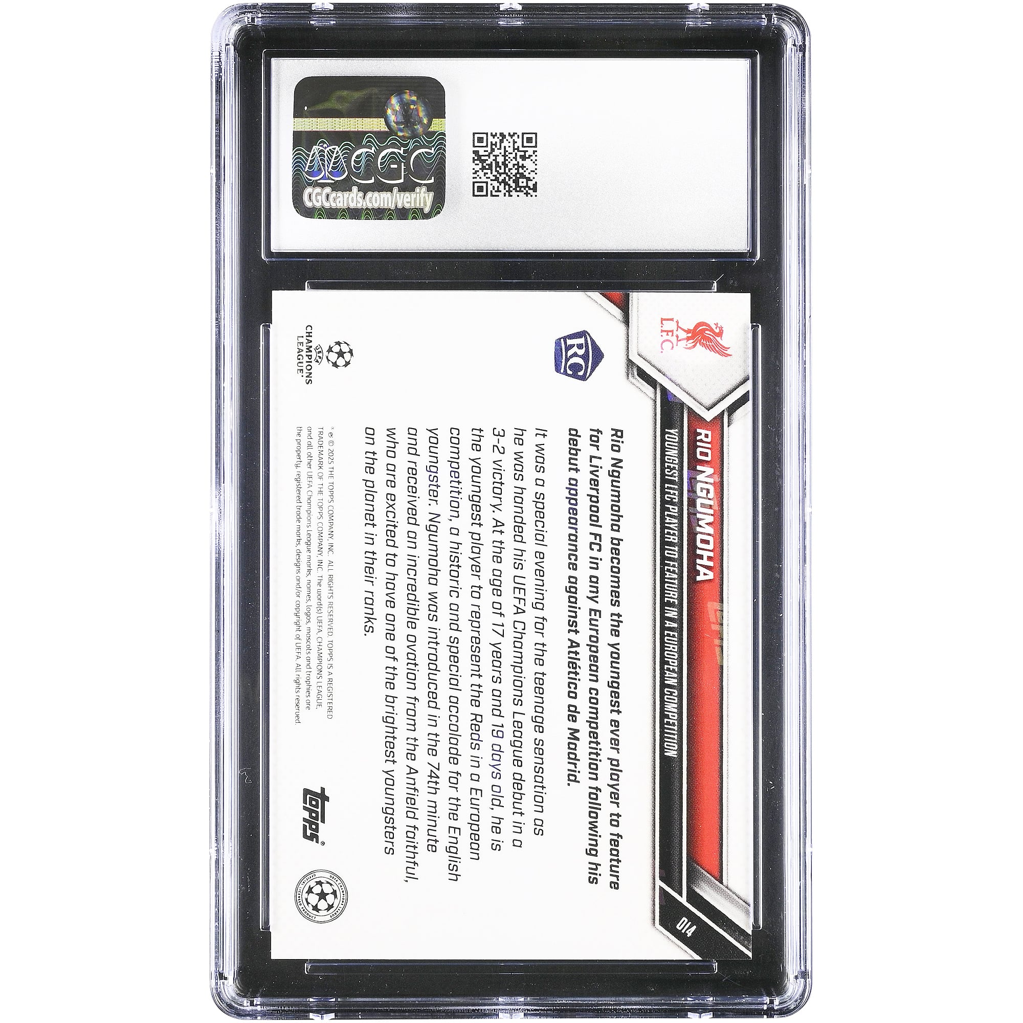 Rio Ngumoha Liverpool 2025-26 Topps Now UEFA CL Plus jeune joueur du LFC à participer à une compétition européenne #14 Carte de recrue authentifiée CGC 9.5