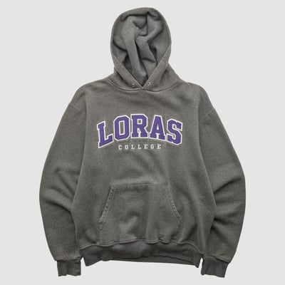 Loras College Duhawks Champion 2000s Hooded Pullover Sweatshirt - Dark Heather Gray - XS by Fanatics Real Vintage