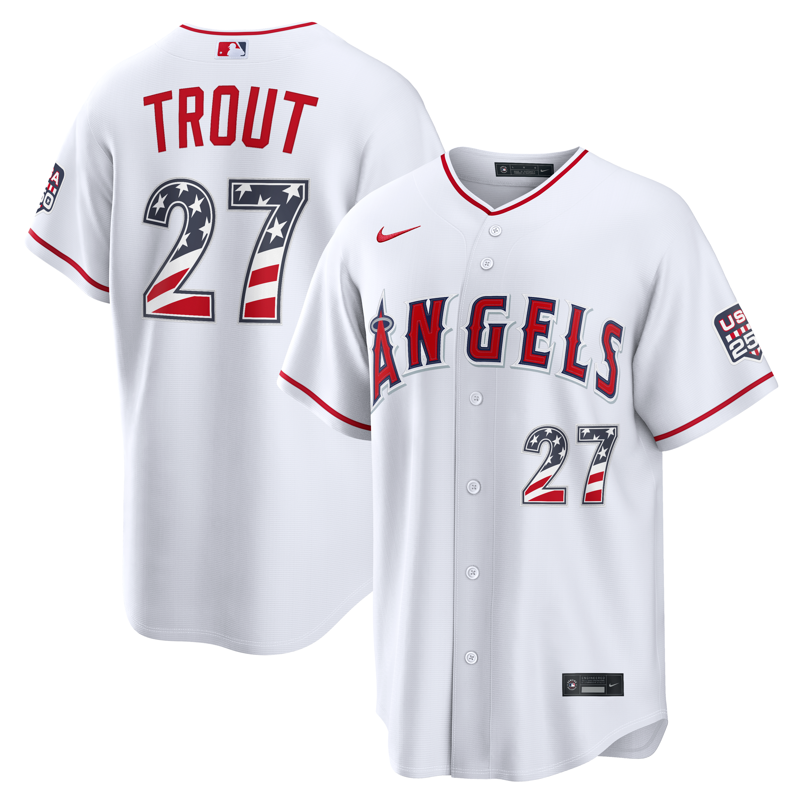Maillot Nike blanc USA 250 Stadium des Angels de Los Angeles pour homme, édition spéciale 4 juillet, Mike Trout