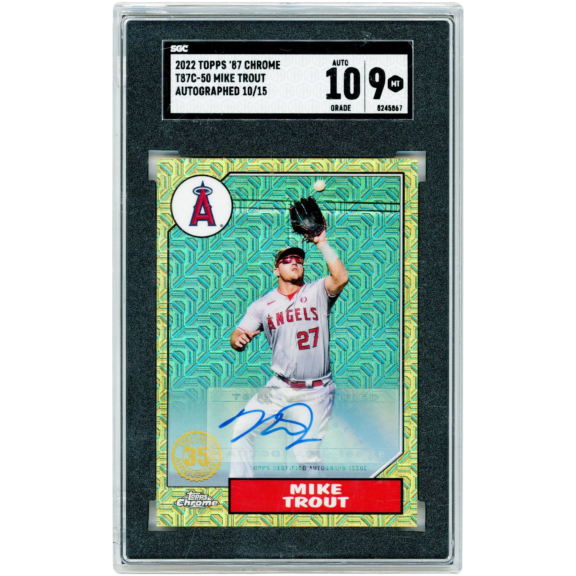 Carte autographiée de Mike Trout (Los Angeles Angels), édition 2022 Topps Chrome, design Topps 1987, Mojo Refractor #T87C-50, numéro 10/15, authentifiée SGC (9/10).