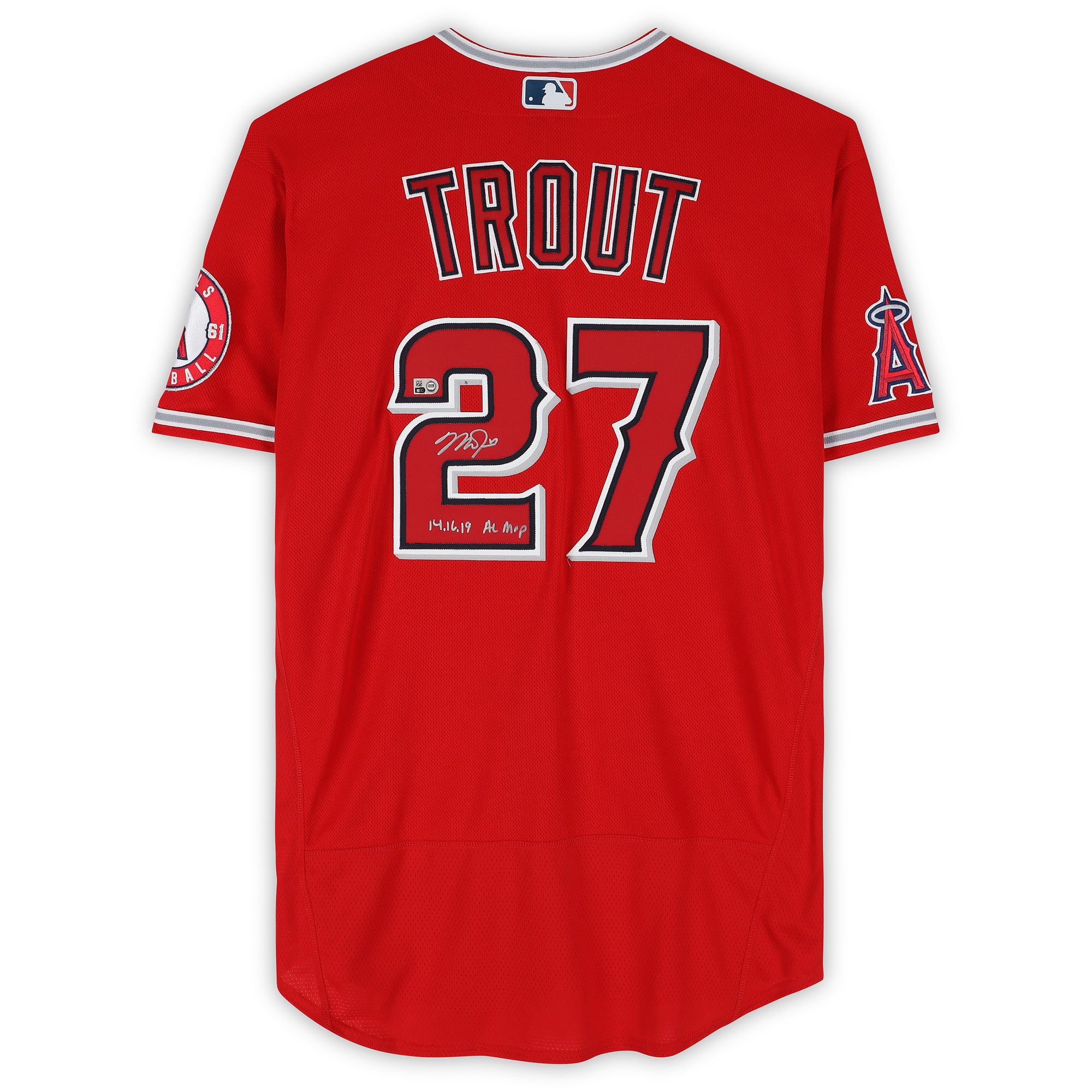 Maillot authentique Nike rouge autographié par Mike Trout des Angels de Los Angeles avec inscription « 14 16 19 AL MVP »