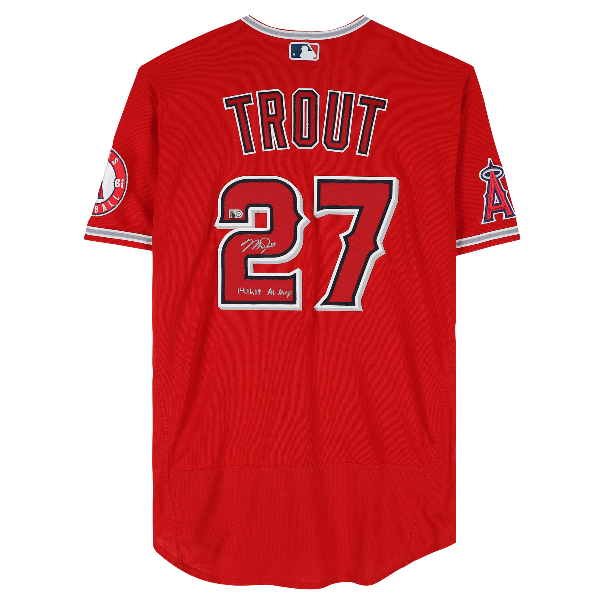 Maillot authentique Nike rouge autographié par Mike Trout des Angels de Los Angeles avec inscription « 14 16 19 AL MVP »