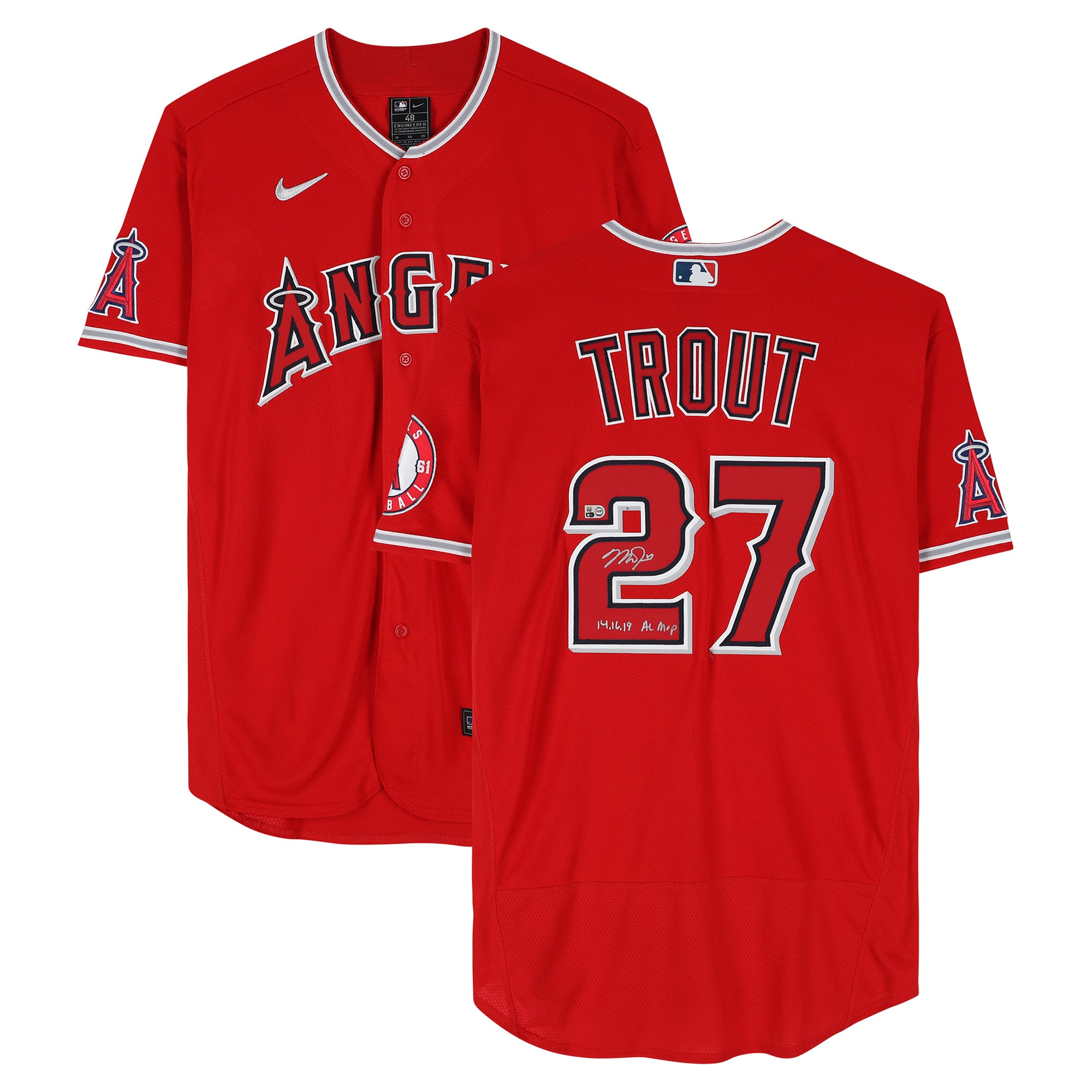 Mike Trout Los Angeles Angels Autographed Red Nike Authentic Jersey with "14 16 19 AL MVP" Inscription