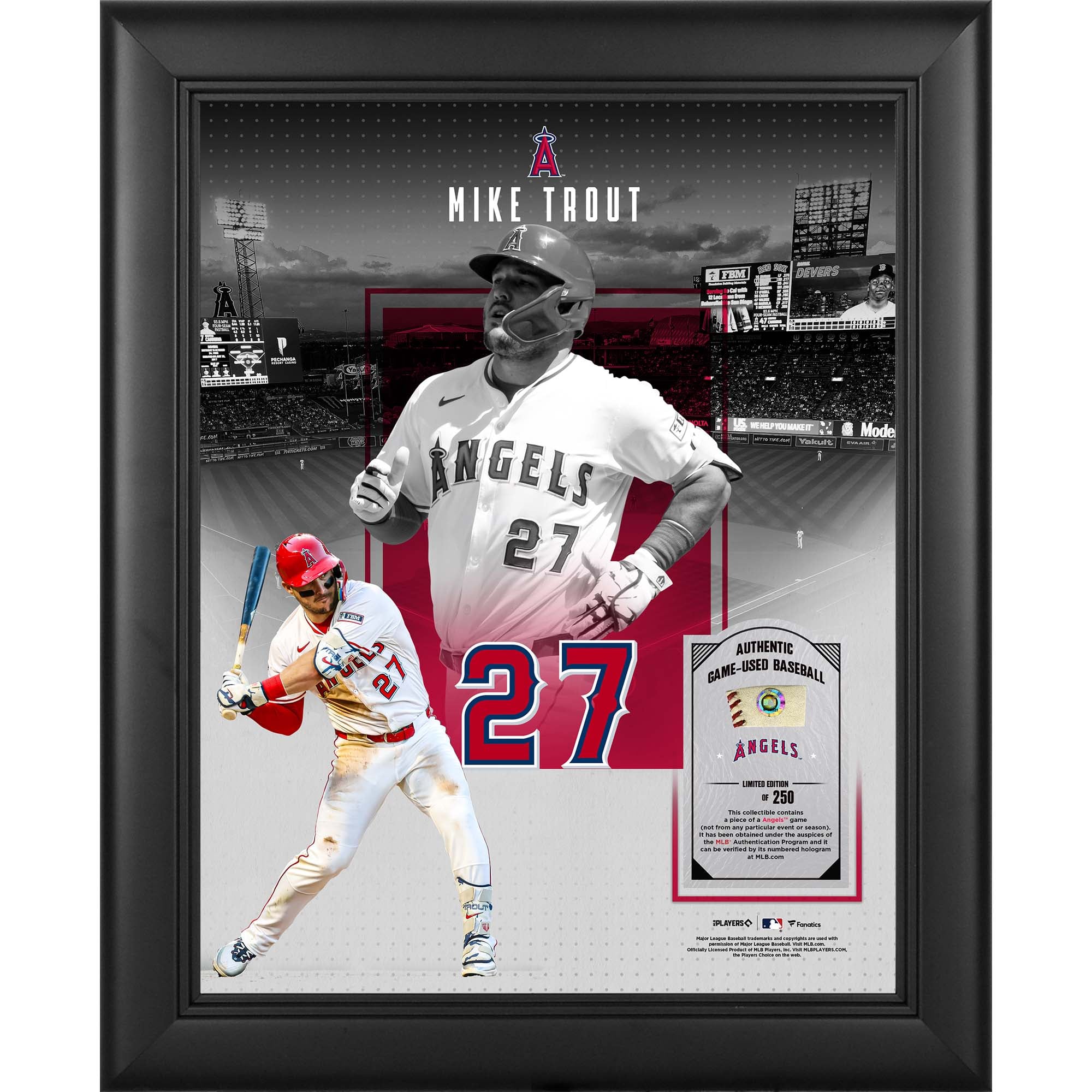 Collage encadré 11" x 14" représentant Mike Trout des Los Angeles Angels, avec un morceau de balle utilisée en match - Édition limitée à 250 exemplaires