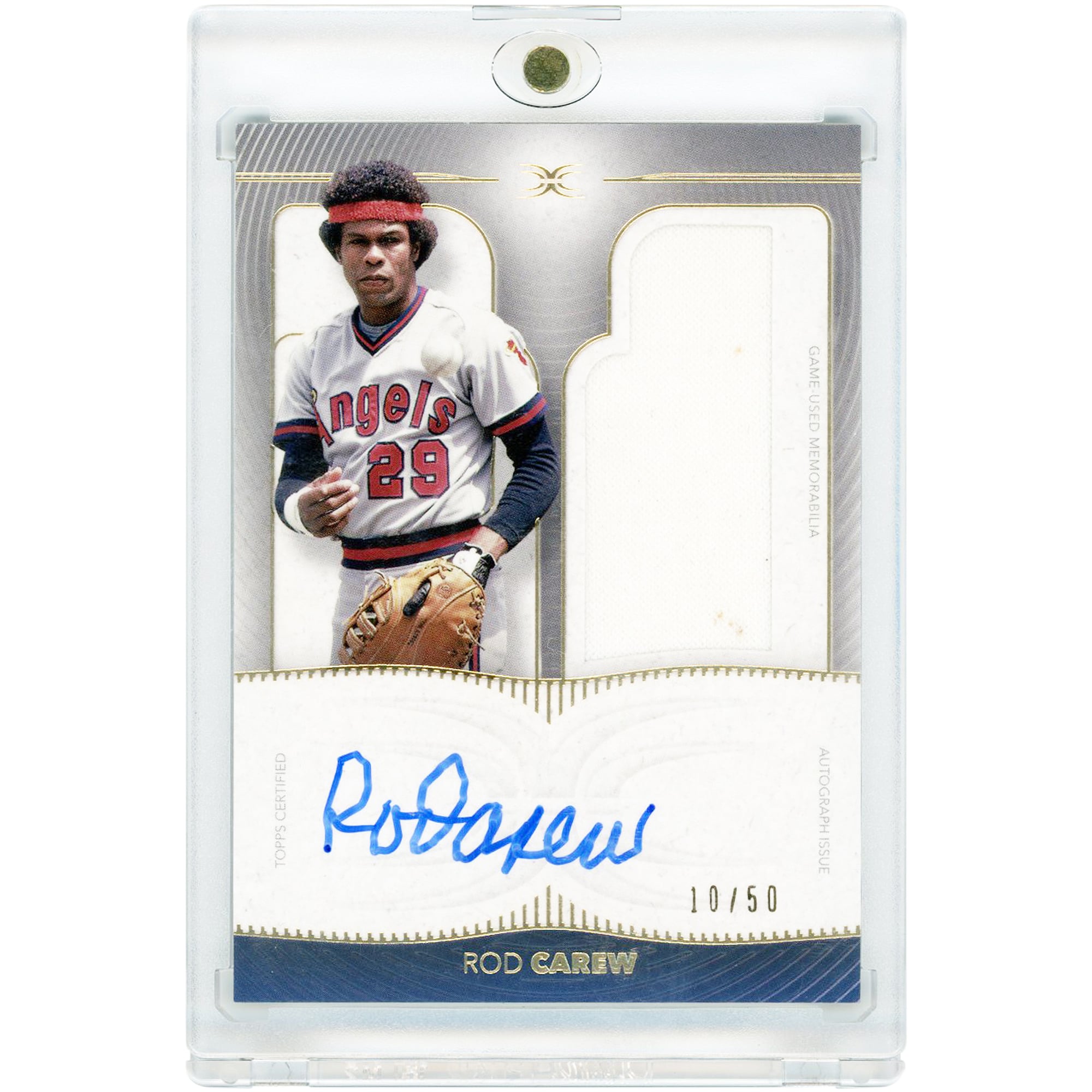 Carte relique de match autographiée par Rod Carew (Los Angeles Angels), collection Topps Definitive 2021, n° DARC-RCA, n° 10/50